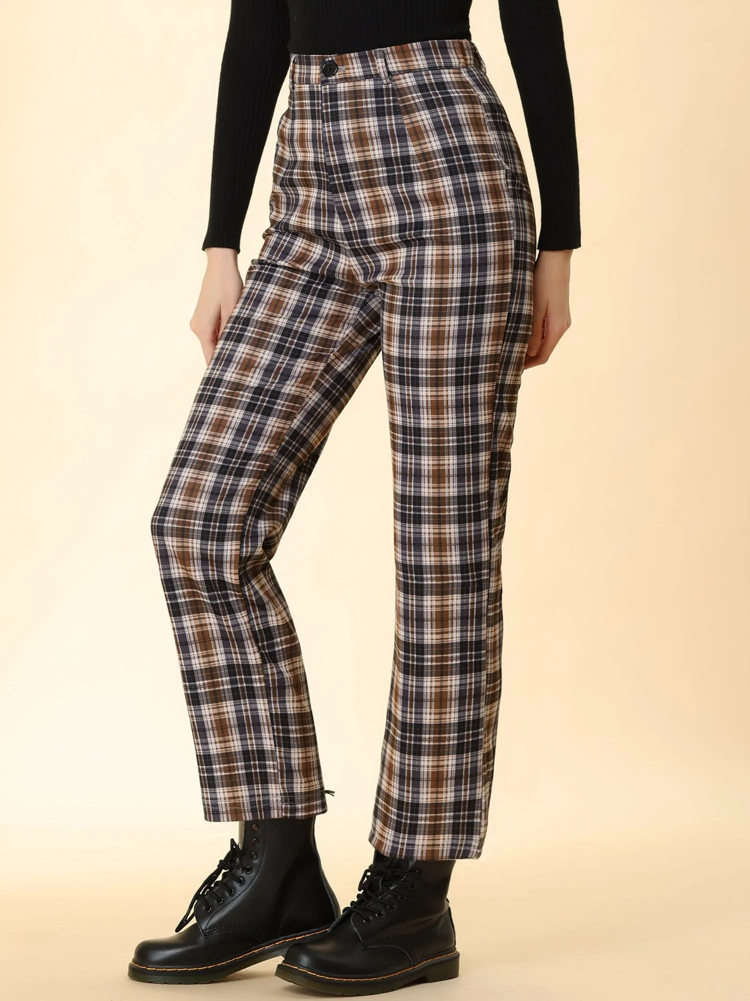 Plaid Cropped Trousers Button Casual Tartan Check Work Pants