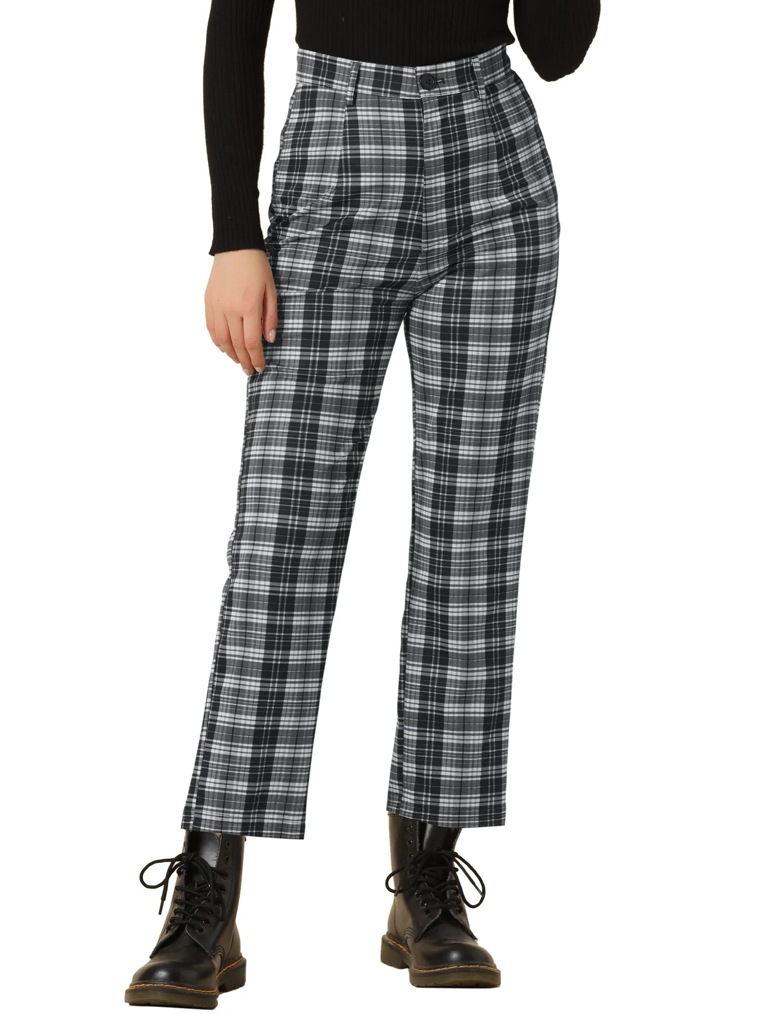 Plaid Cropped Trousers Button Casual Tartan Check Work Pants