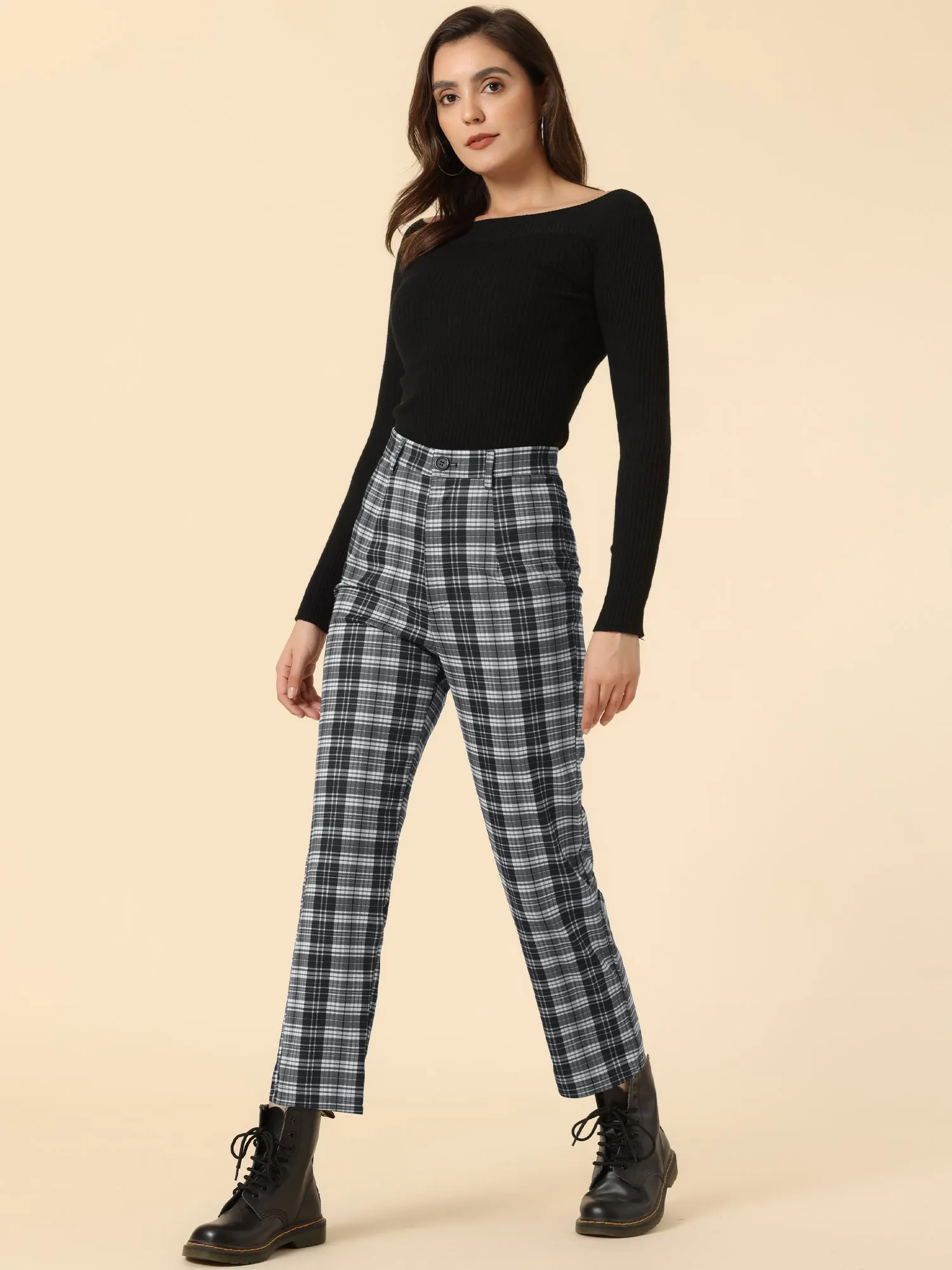 Plaid Cropped Trousers Button Casual Tartan Check Work Pants