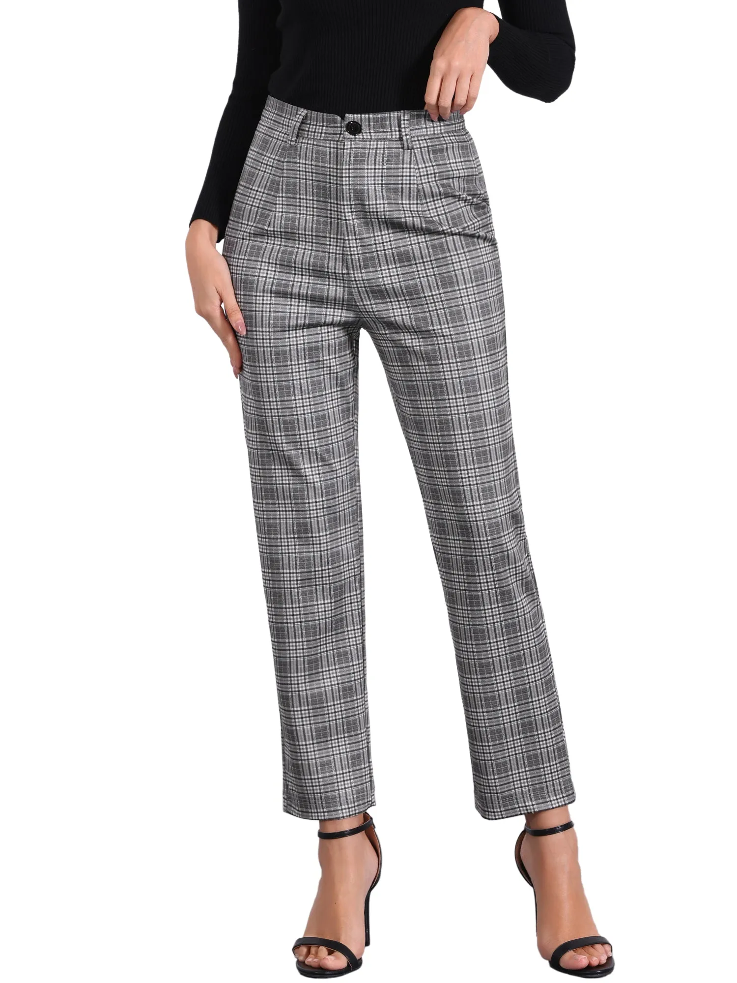 Plaid Cropped Trousers Button Casual Tartan Check Work Pants