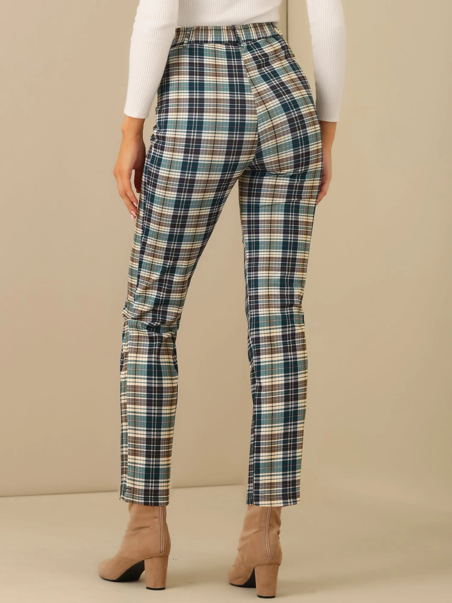 Plaid Cropped Trousers Button Casual Tartan Check Work Pants