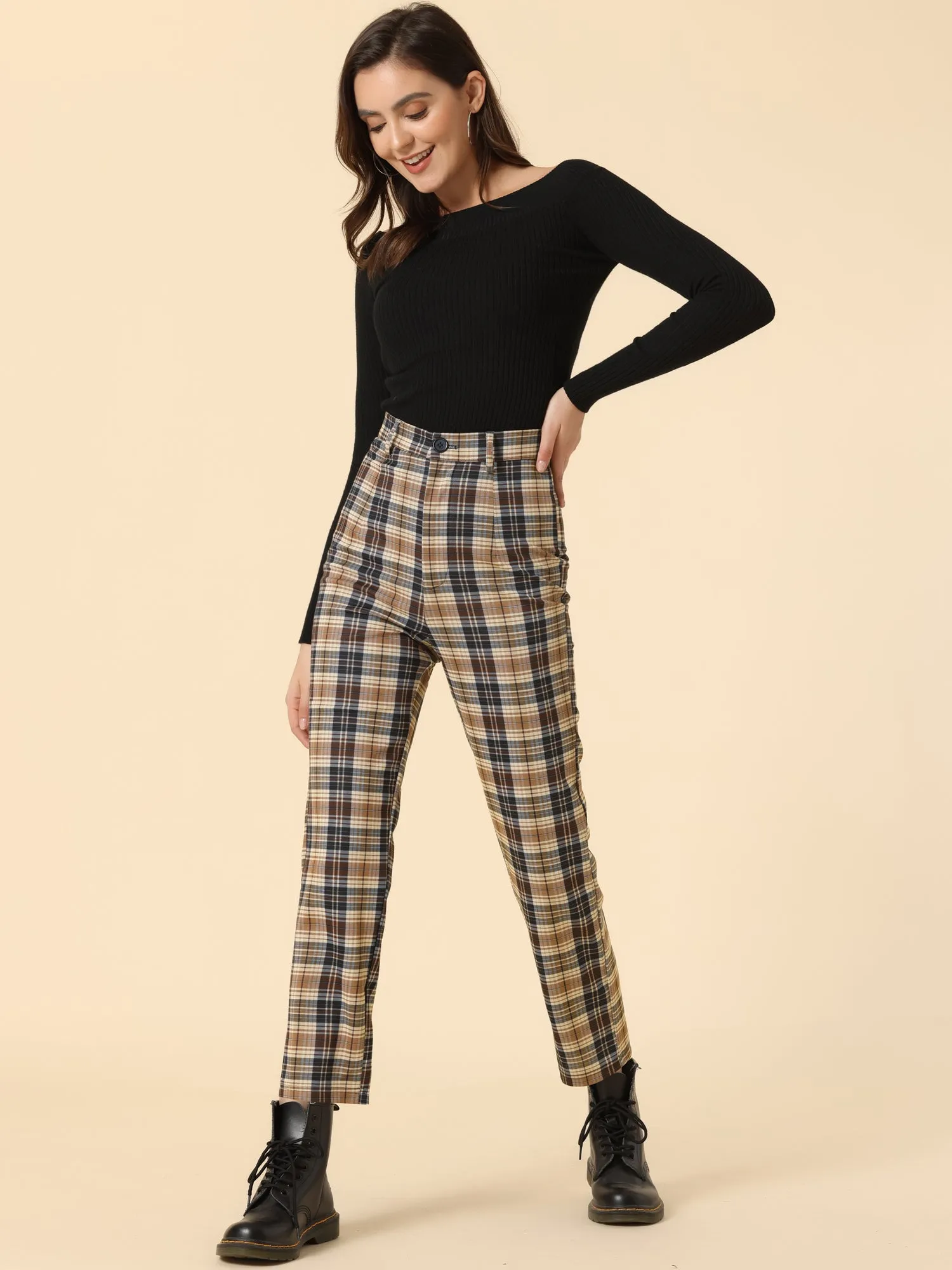 Plaid Cropped Trousers Button Casual Tartan Check Work Pants