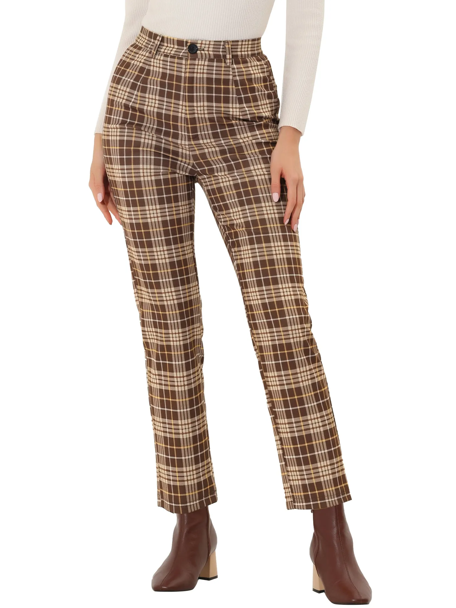 Plaid Cropped Trousers Button Casual Tartan Check Work Pants