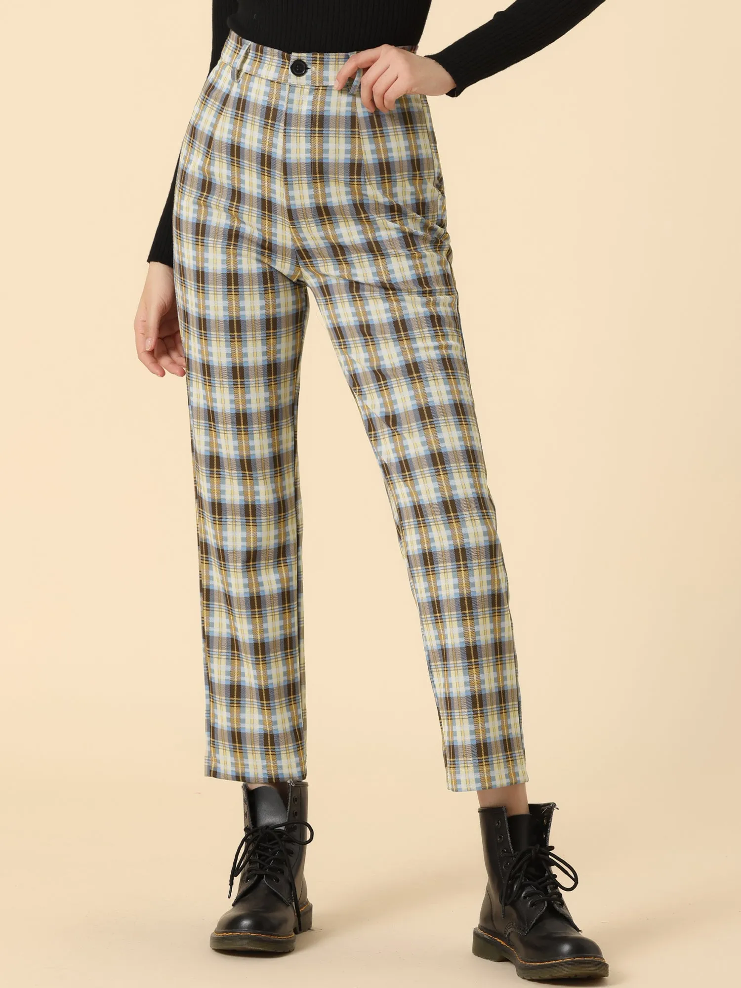 Plaid Cropped Trousers Button Casual Tartan Check Work Pants