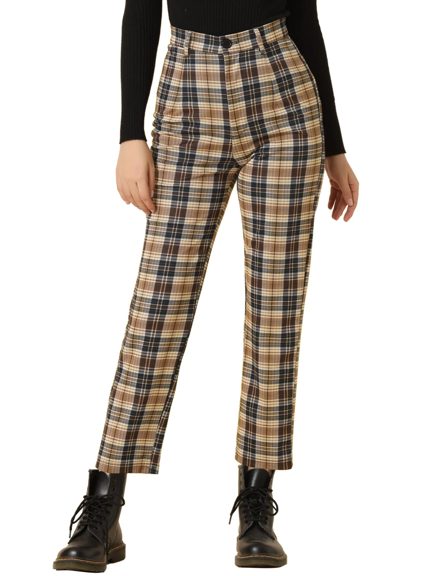 Plaid Cropped Trousers Button Casual Tartan Check Work Pants