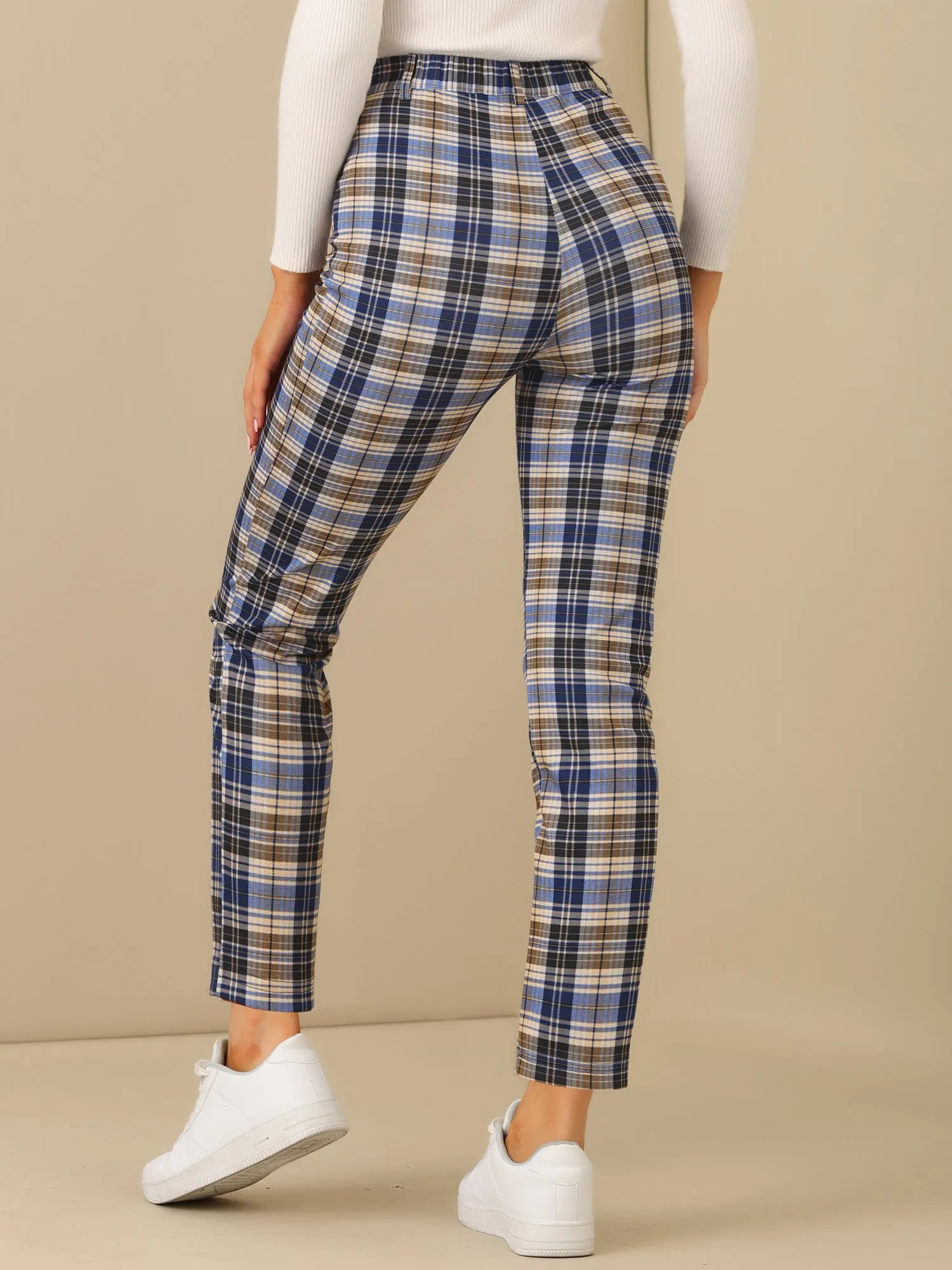 Plaid Cropped Trousers Button Casual Tartan Check Work Pants