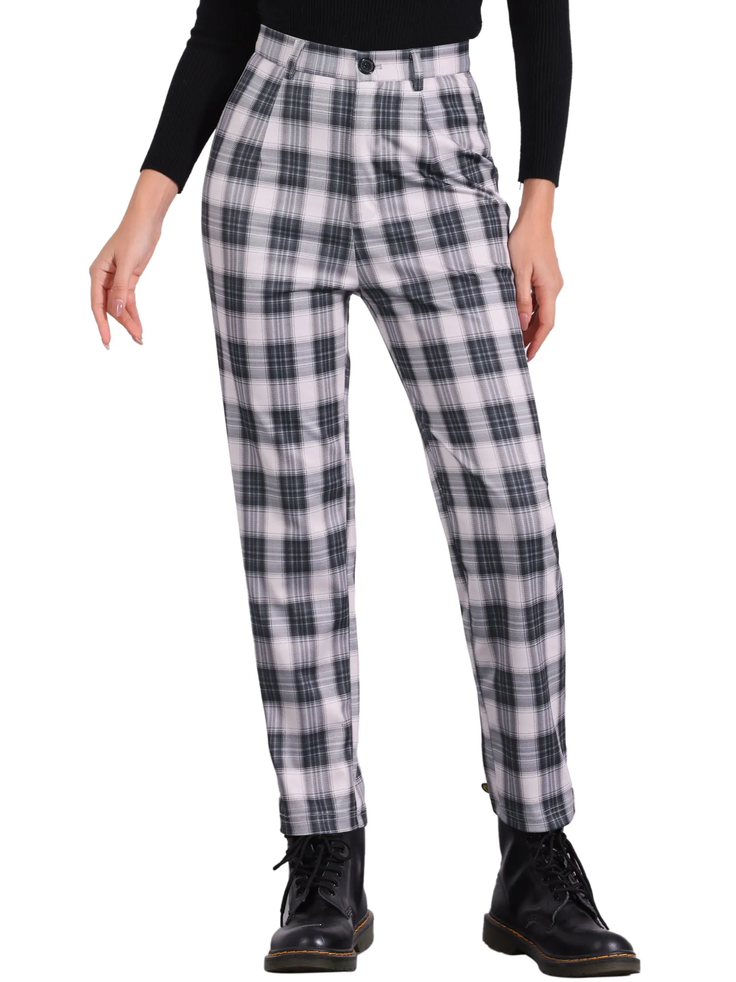 Plaid Cropped Trousers Button Casual Tartan Check Work Pants