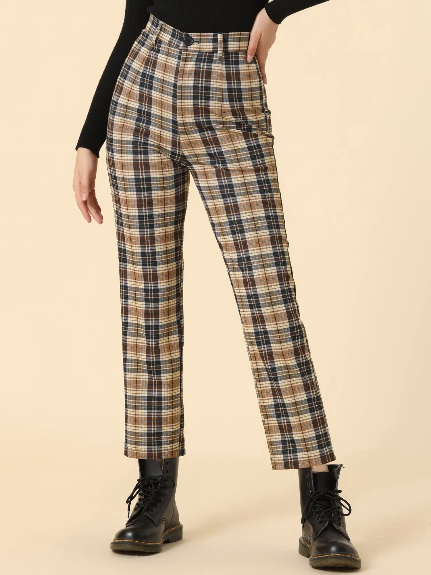 Plaid Cropped Trousers Button Casual Tartan Check Work Pants