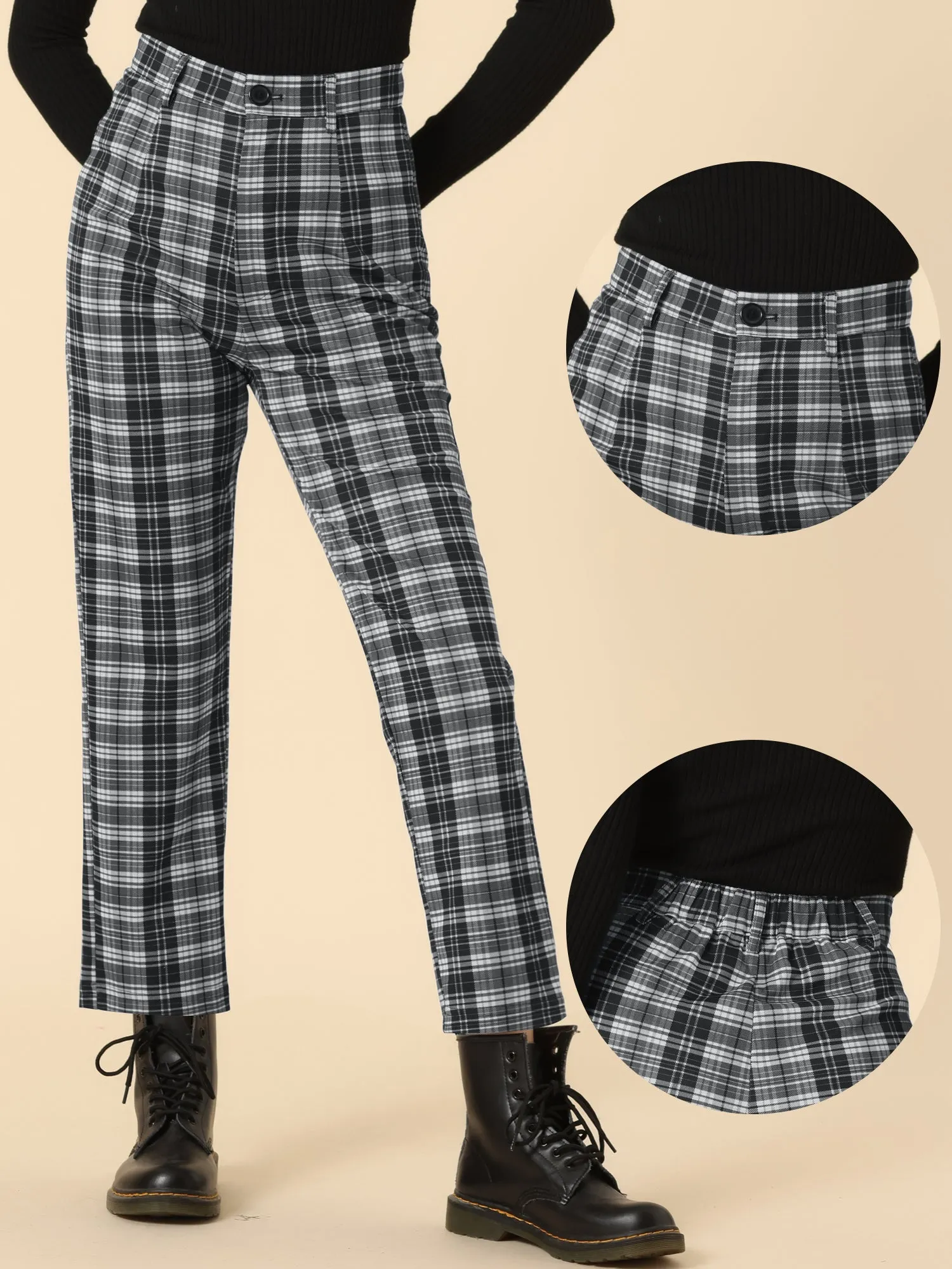 Plaid Cropped Trousers Button Casual Tartan Check Work Pants