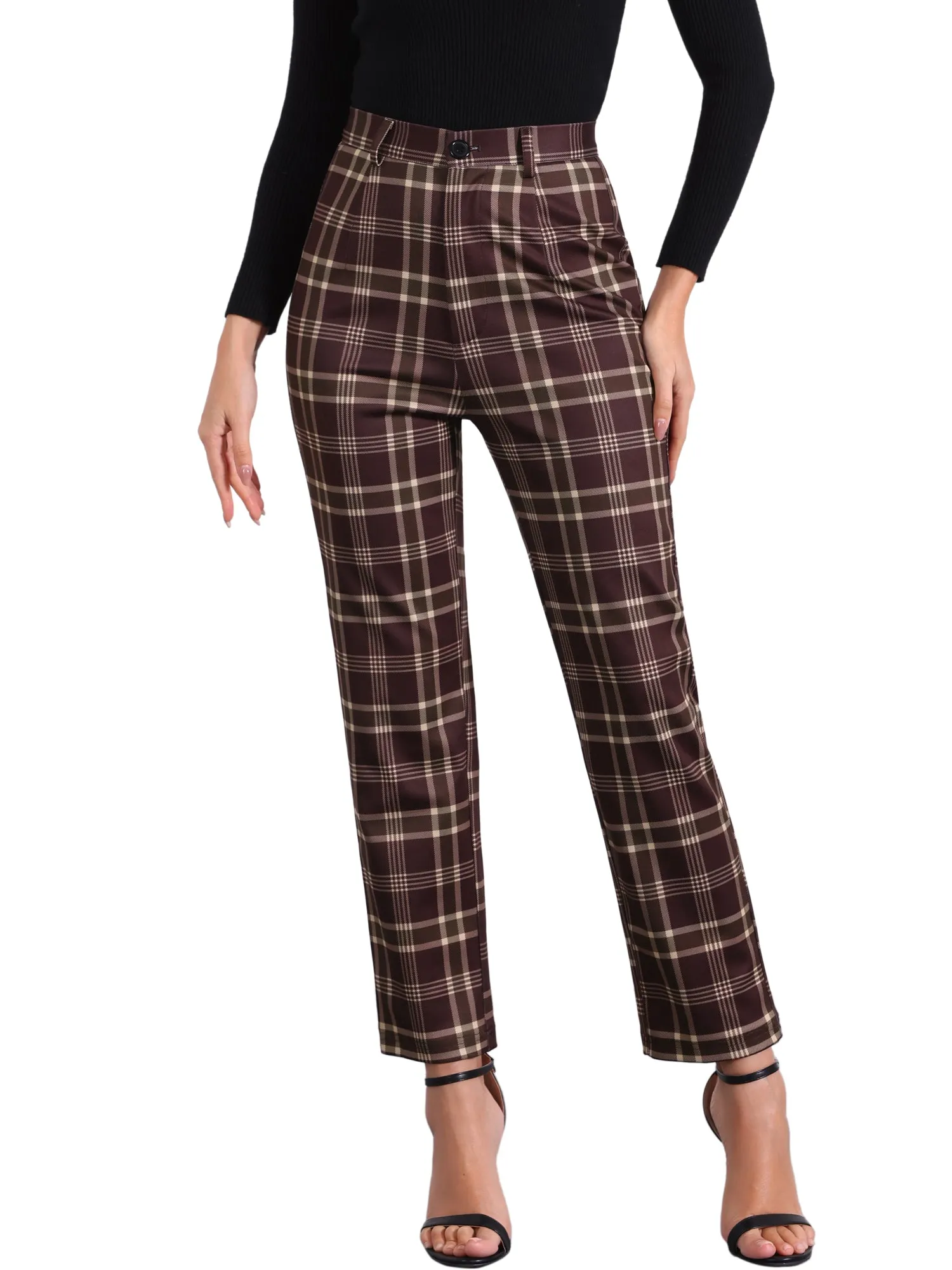 Plaid Cropped Trousers Button Casual Tartan Check Work Pants