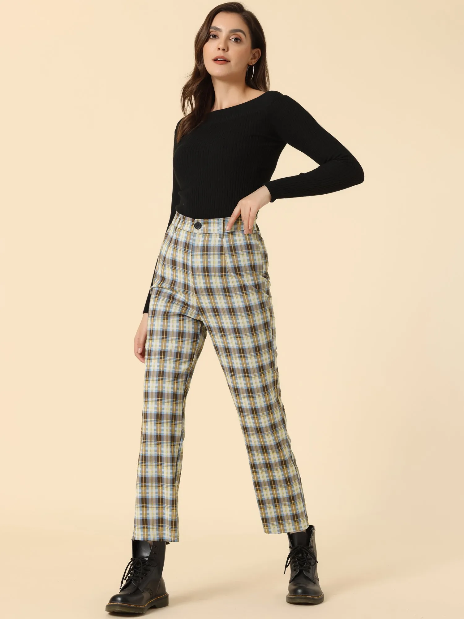 Plaid Cropped Trousers Button Casual Tartan Check Work Pants