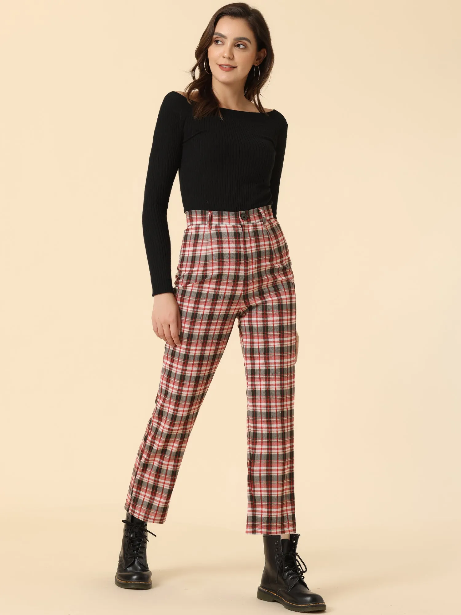 Plaid Cropped Trousers Button Casual Tartan Check Work Pants