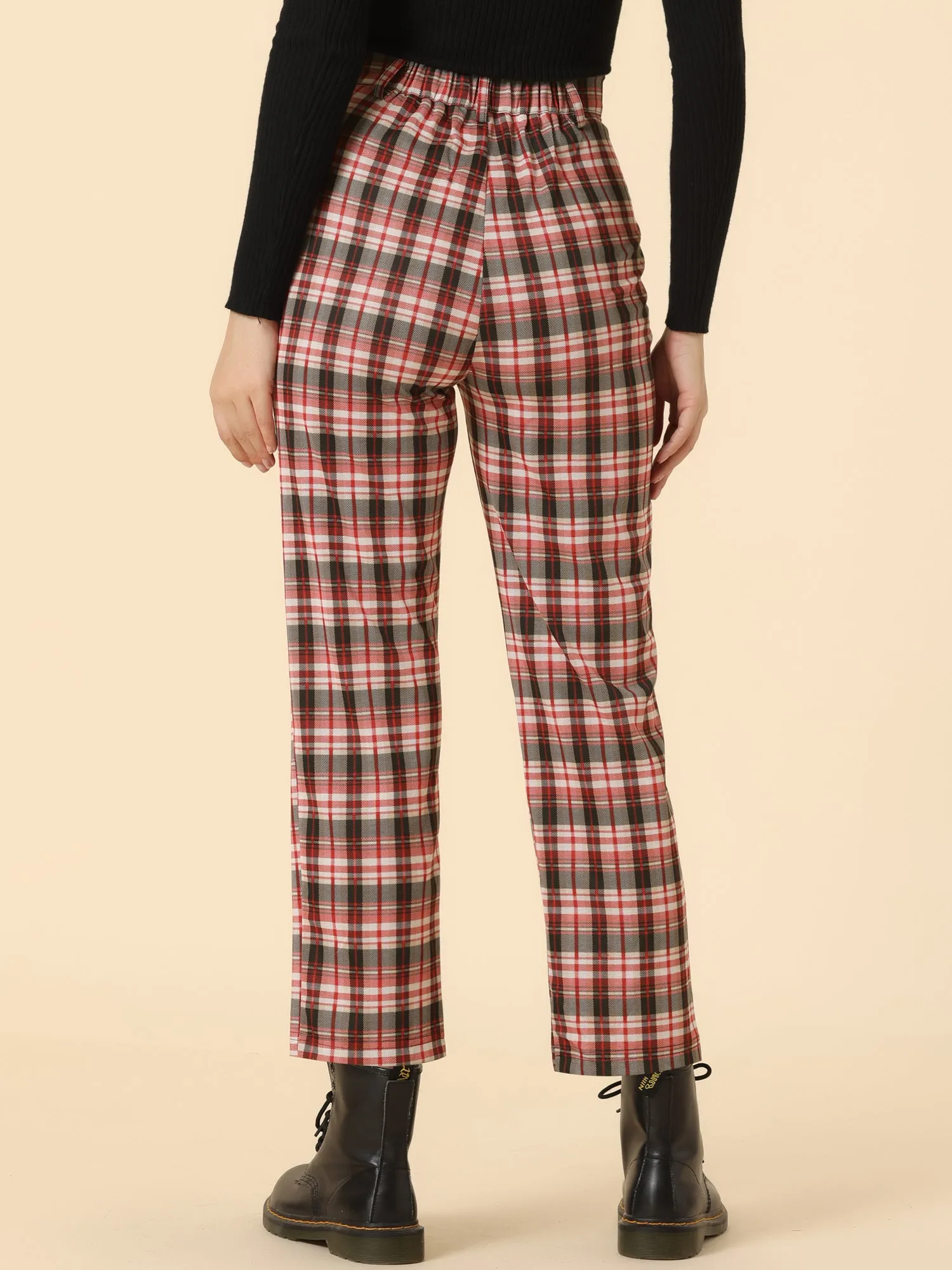 Plaid Cropped Trousers Button Casual Tartan Check Work Pants