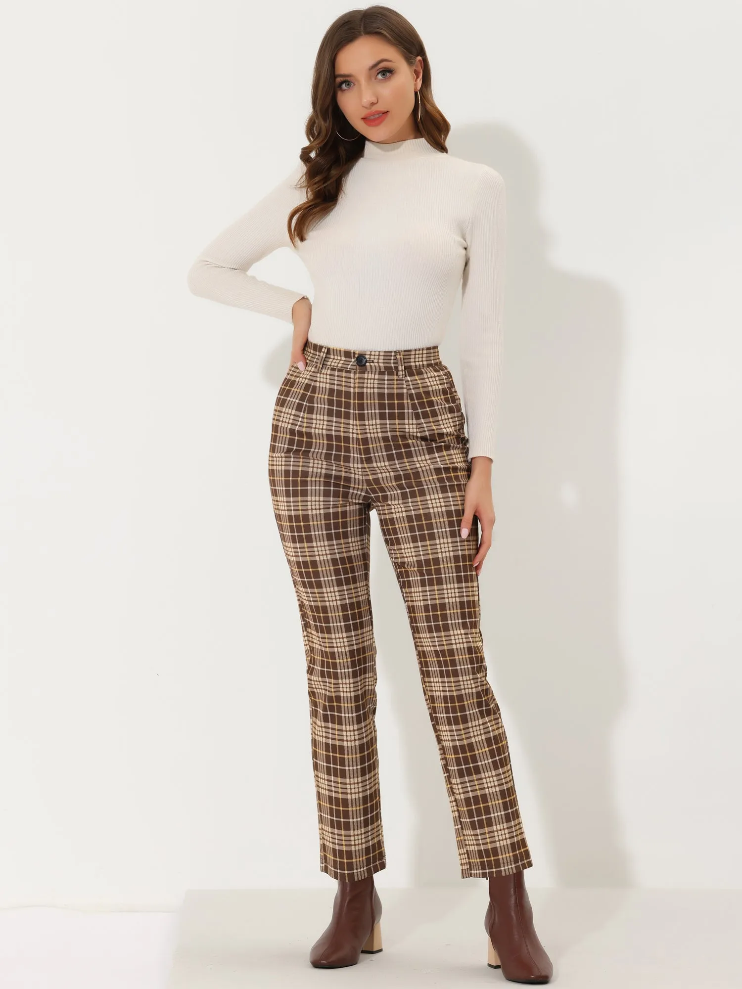 Plaid Cropped Trousers Button Casual Tartan Check Work Pants