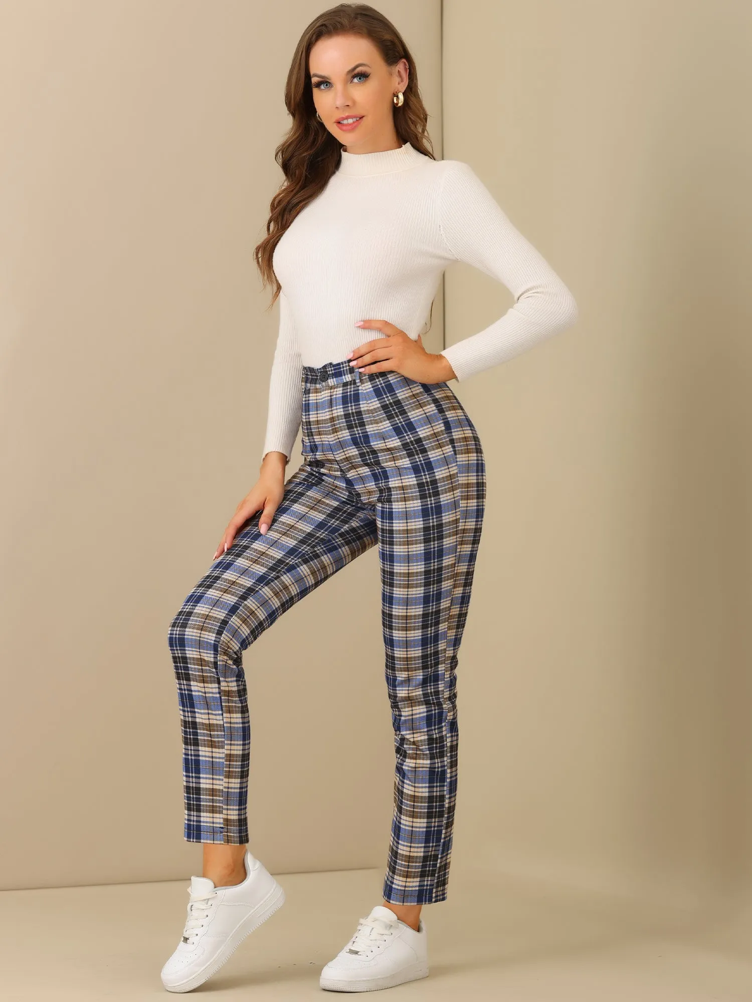 Plaid Cropped Trousers Button Casual Tartan Check Work Pants