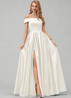 Pockets Dress With Split Wedding Off-the-Shoulder Alisa Satin Floor-Length Ball-Gown/Princess Wedding Dresses Front