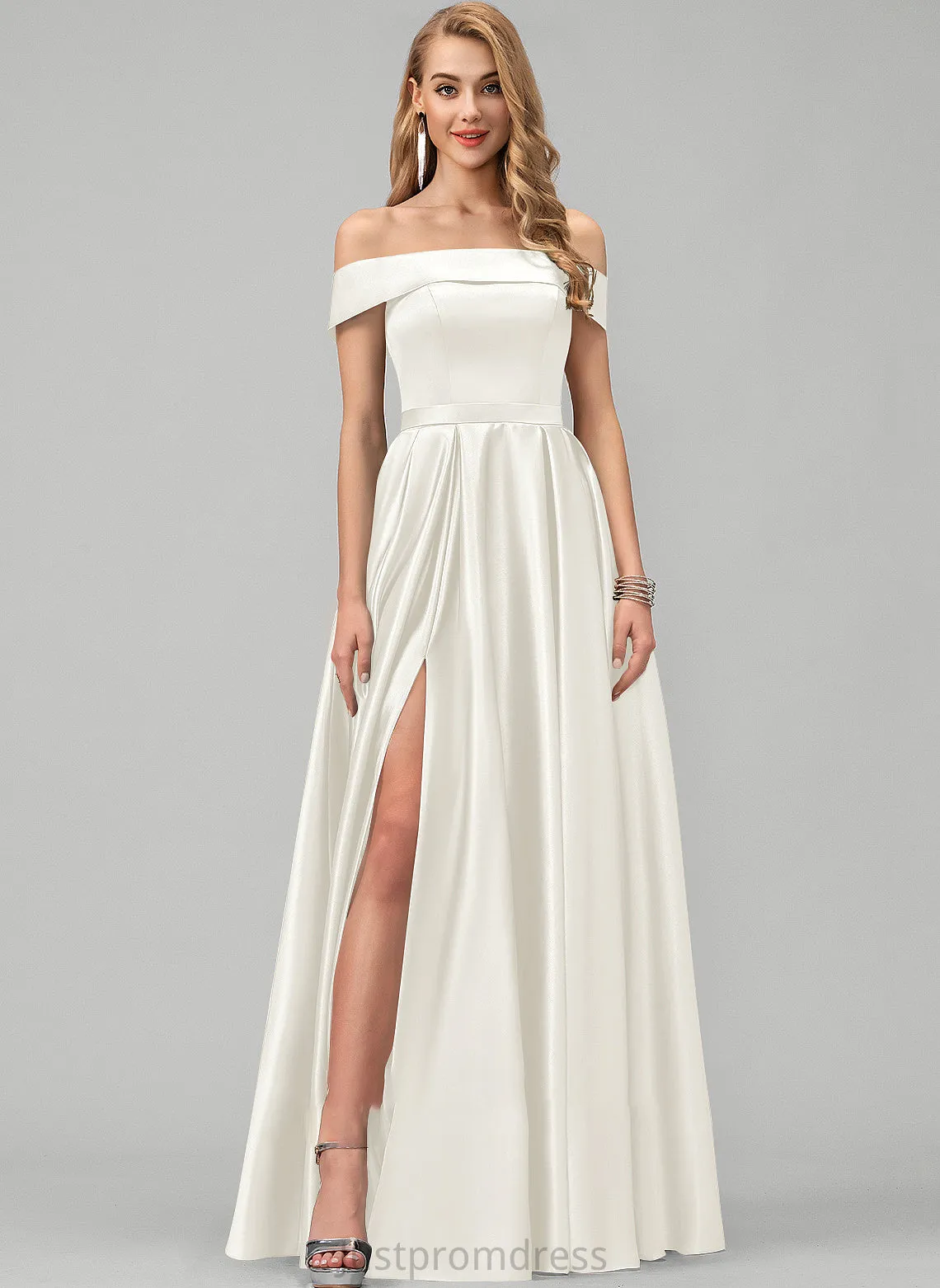 Pockets Dress With Split Wedding Off-the-Shoulder Alisa Satin Floor-Length Ball-Gown/Princess Wedding Dresses Front