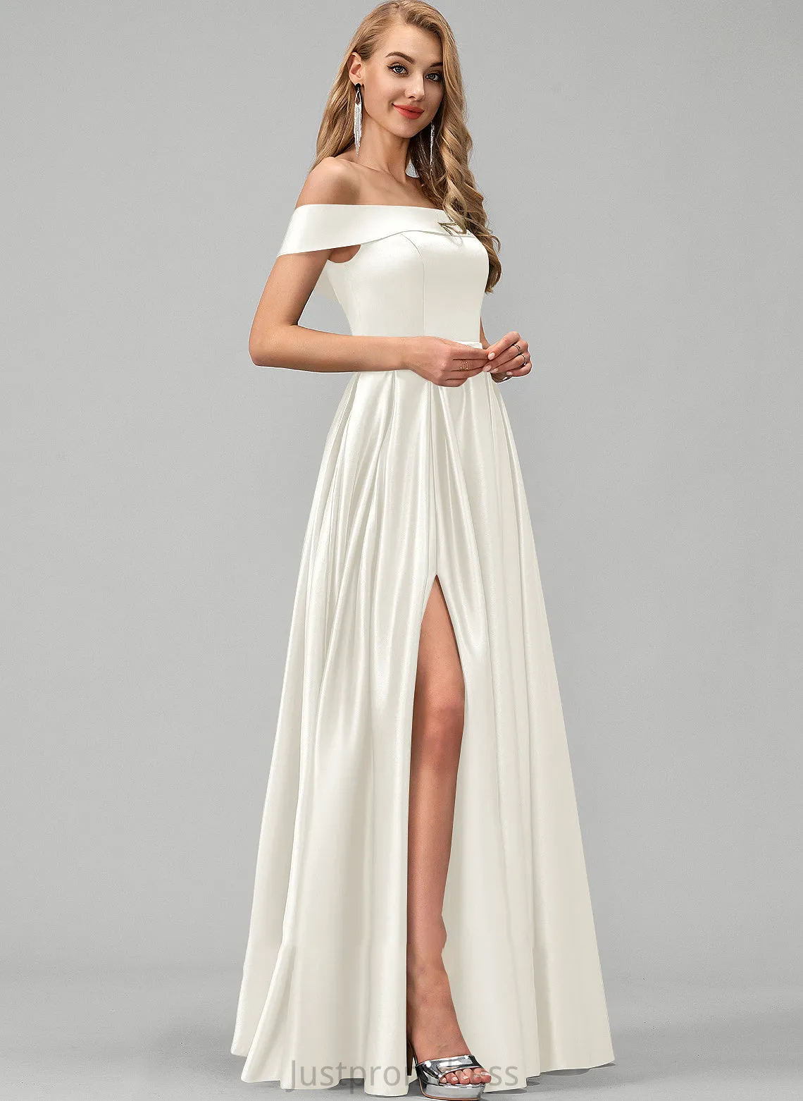 Pockets Dress With Split Wedding Off-the-Shoulder Alisa Satin Floor-Length Ball-Gown/Princess Wedding Dresses Front