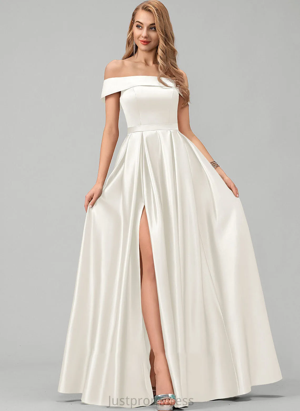 Pockets Dress With Split Wedding Off-the-Shoulder Alisa Satin Floor-Length Ball-Gown/Princess Wedding Dresses Front