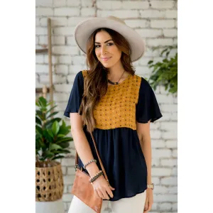 Printed Top Solid Peplum Sleeve Blouse