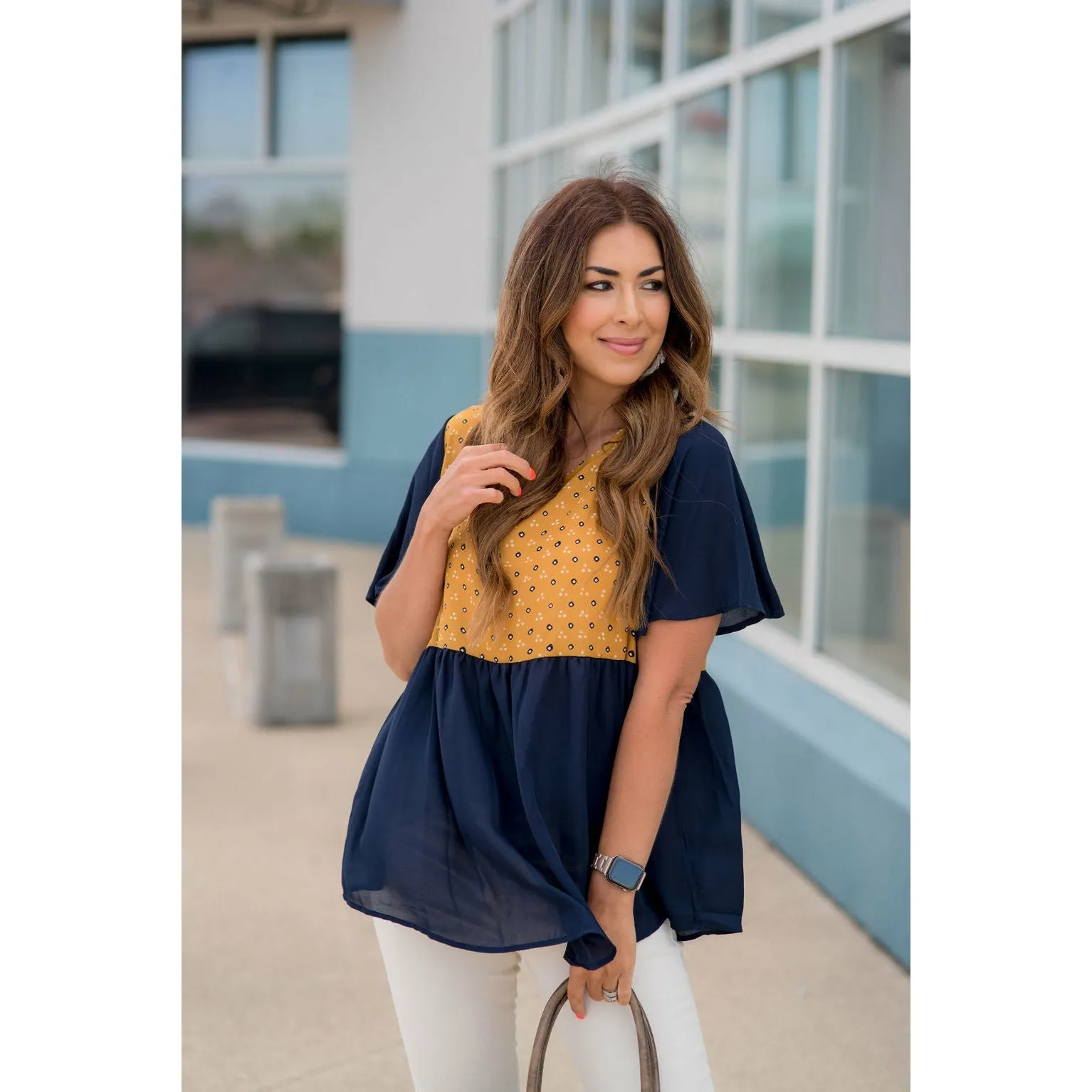 Printed Top Solid Peplum Sleeve Blouse