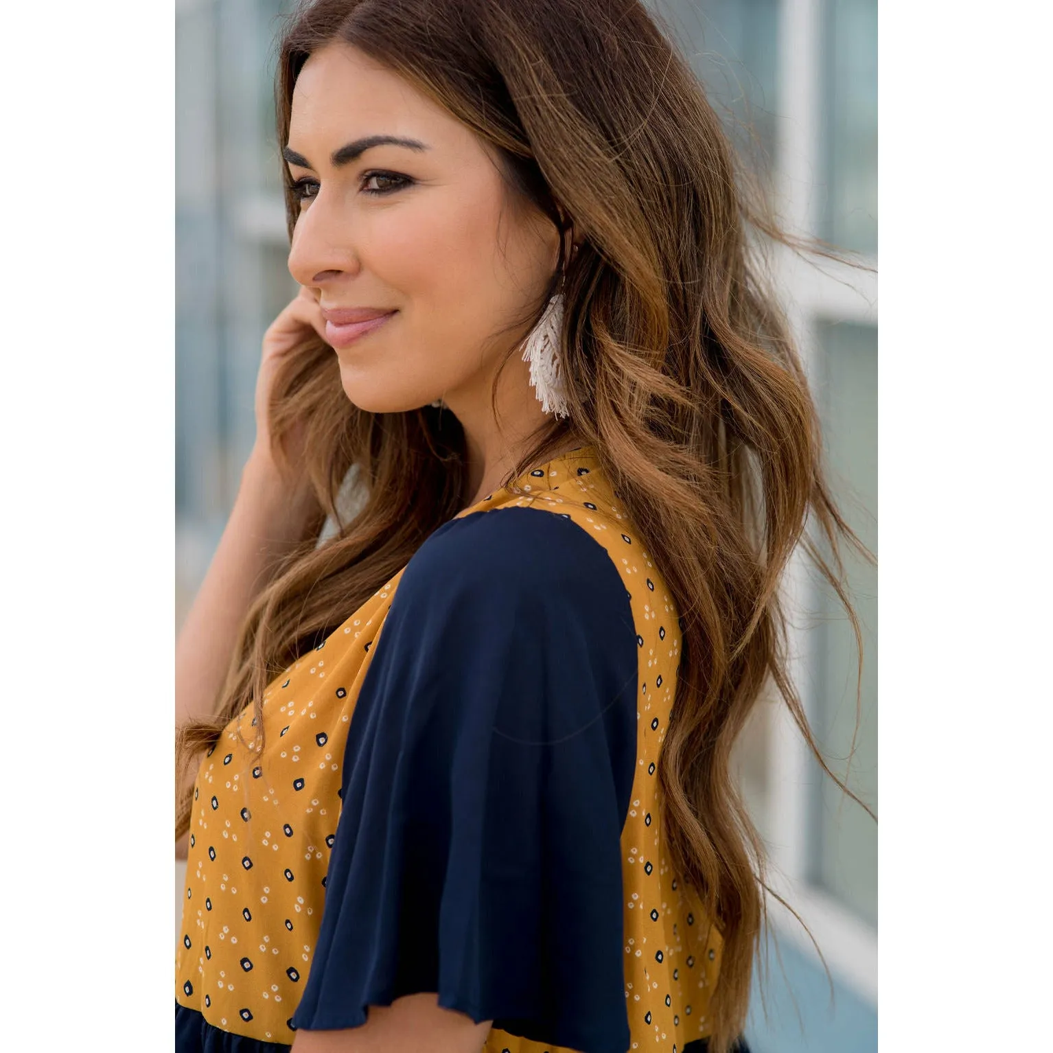 Printed Top Solid Peplum Sleeve Blouse
