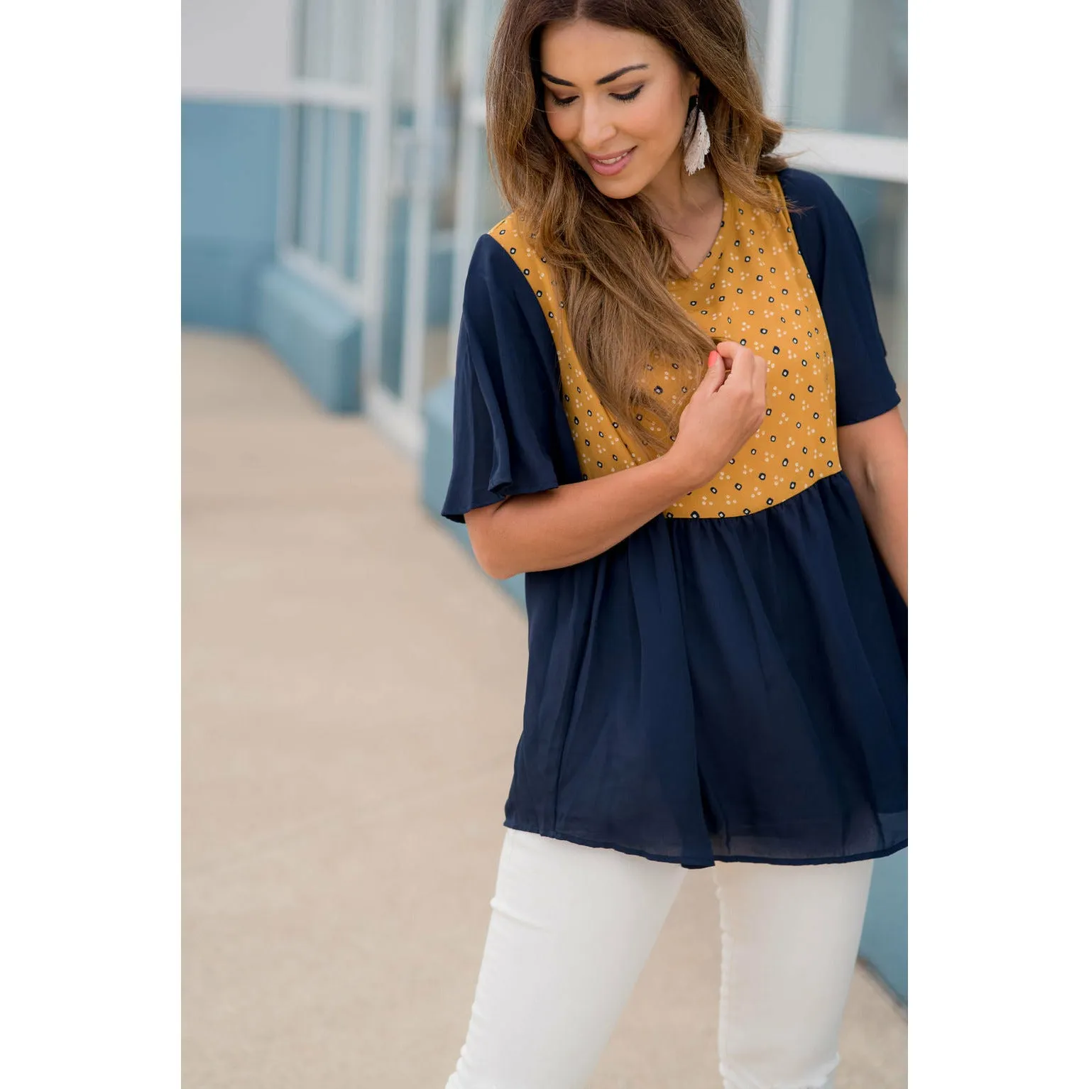 Printed Top Solid Peplum Sleeve Blouse