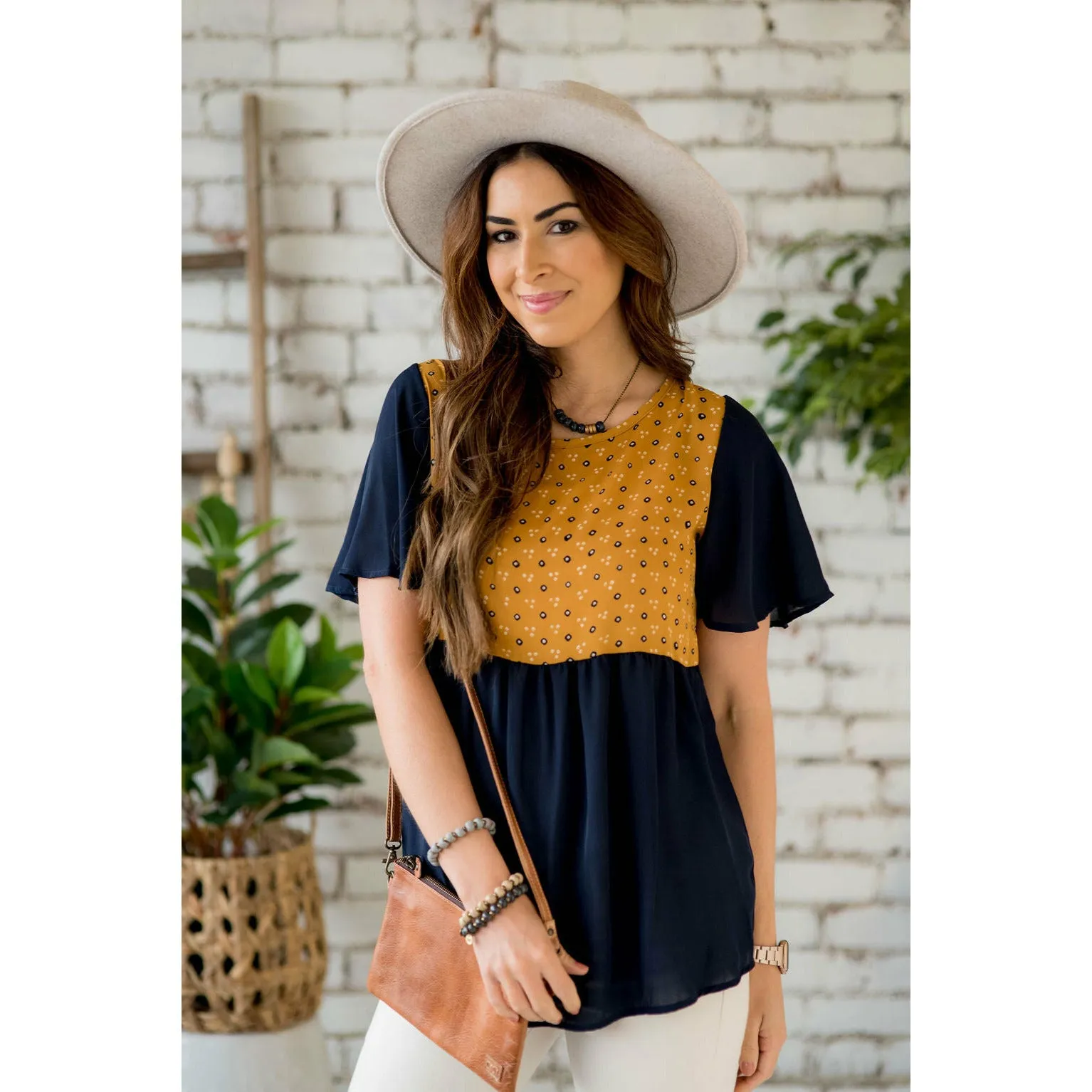 Printed Top Solid Peplum Sleeve Blouse
