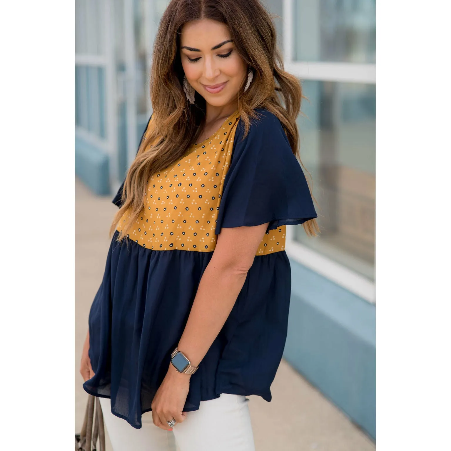 Printed Top Solid Peplum Sleeve Blouse