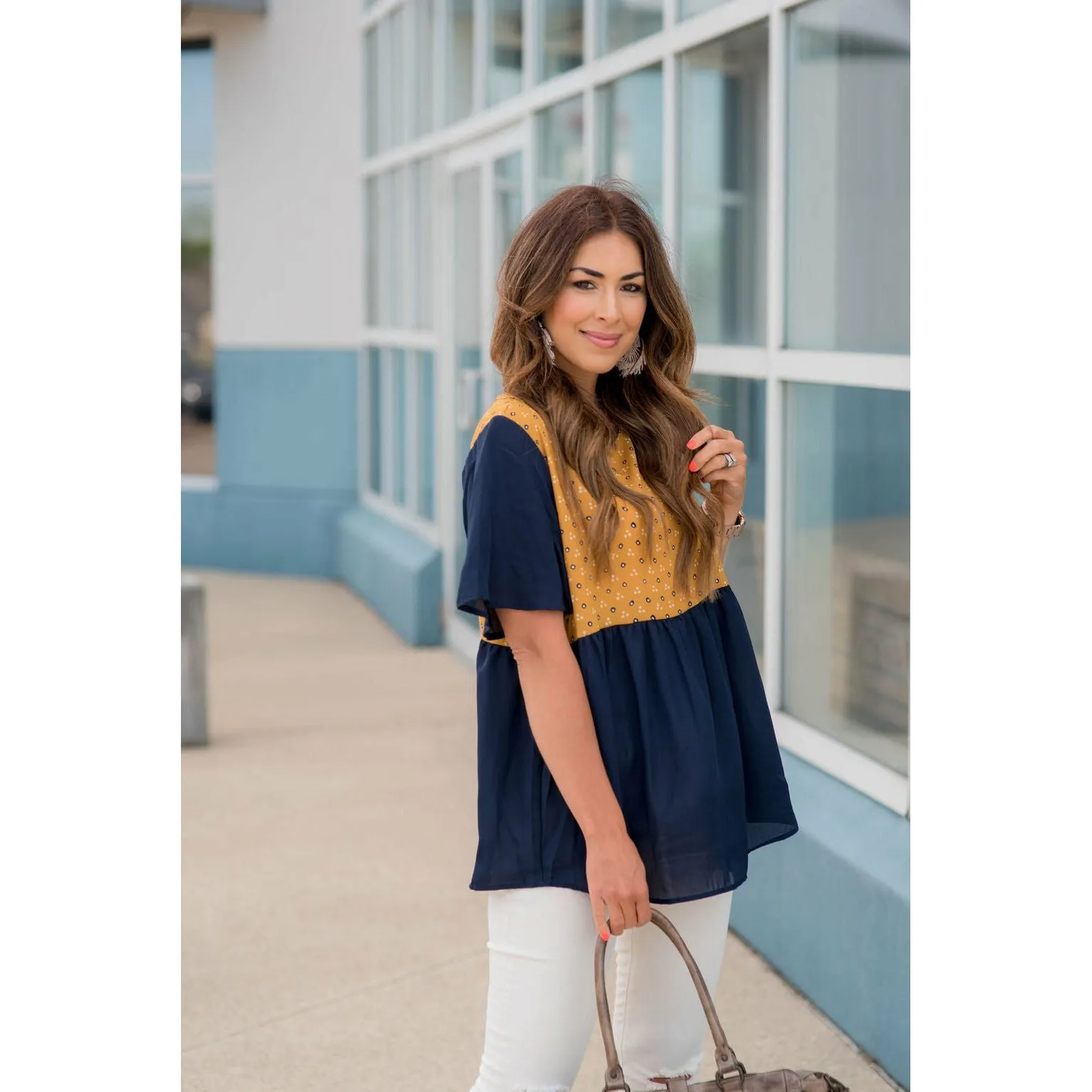 Printed Top Solid Peplum Sleeve Blouse