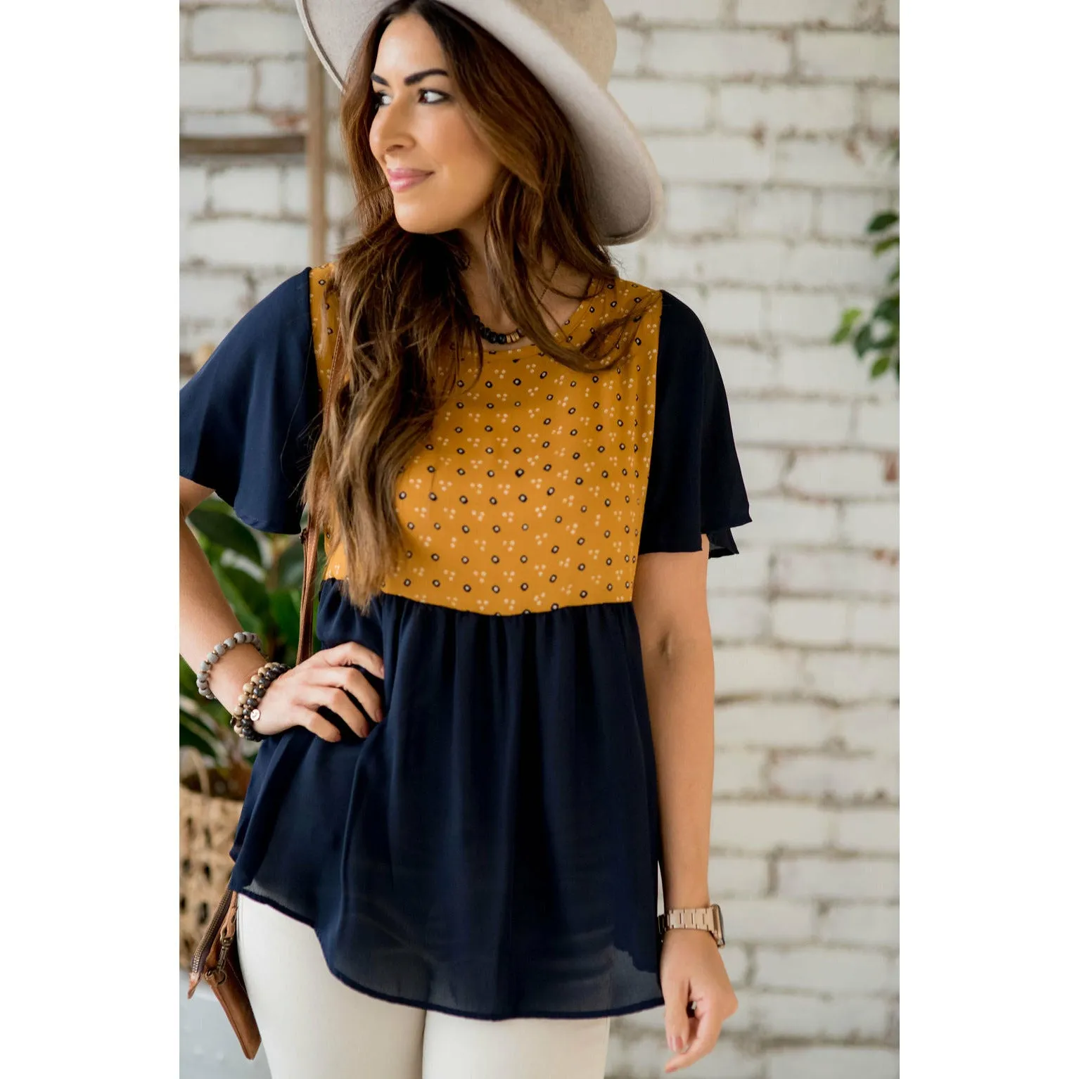 Printed Top Solid Peplum Sleeve Blouse