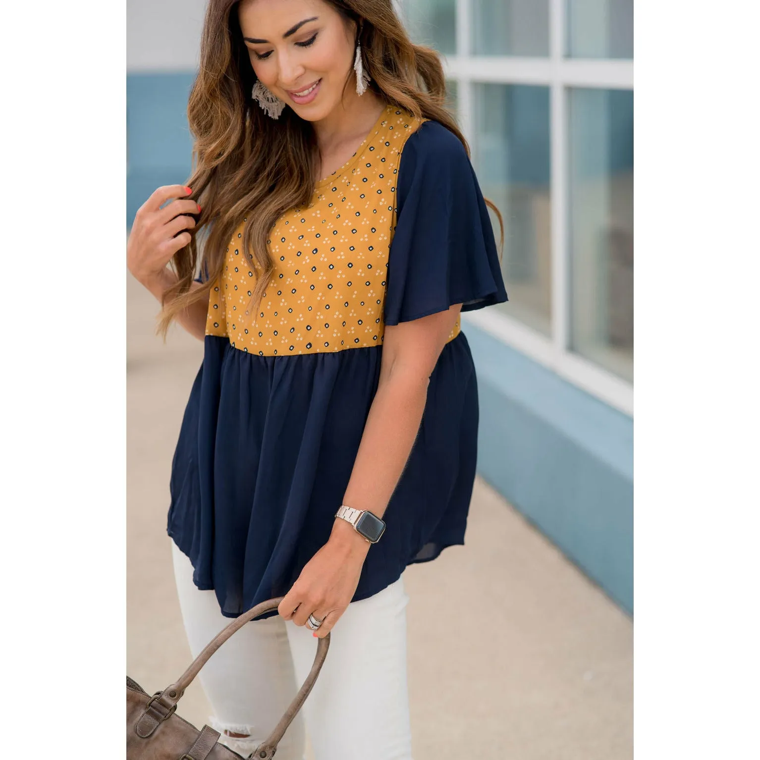 Printed Top Solid Peplum Sleeve Blouse