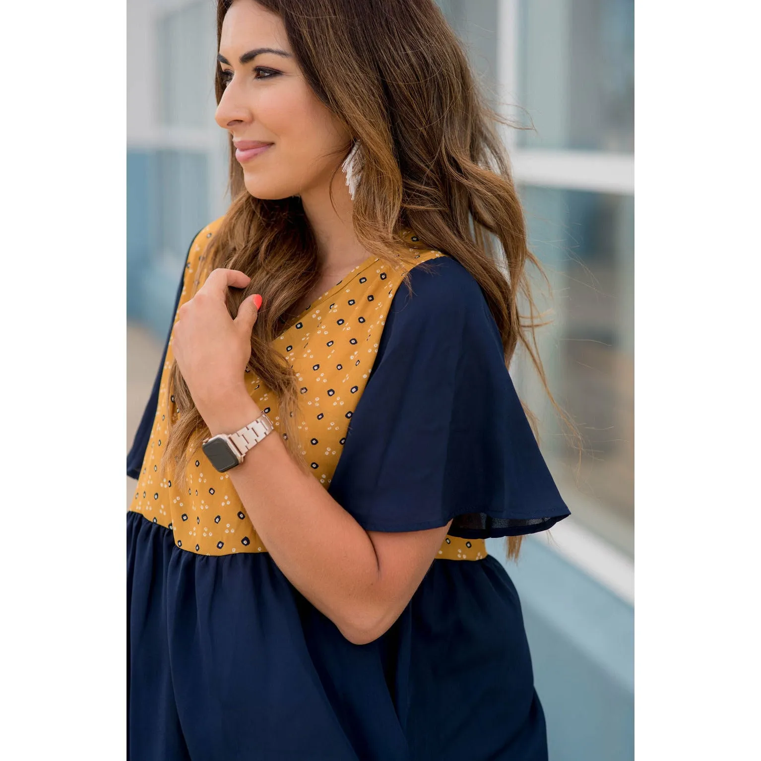 Printed Top Solid Peplum Sleeve Blouse