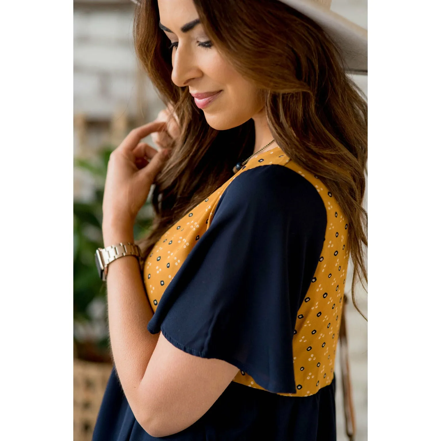 Printed Top Solid Peplum Sleeve Blouse