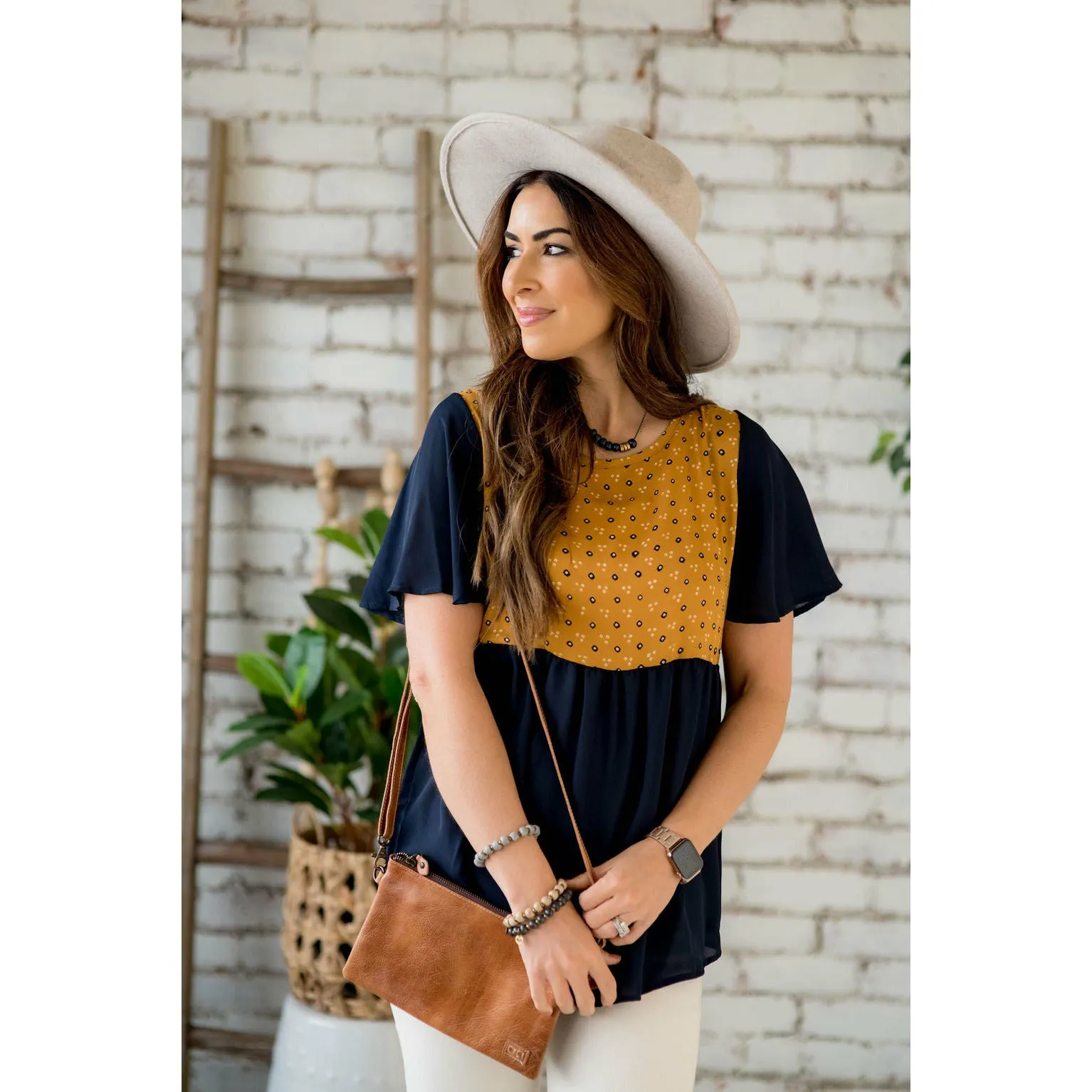 Printed Top Solid Peplum Sleeve Blouse