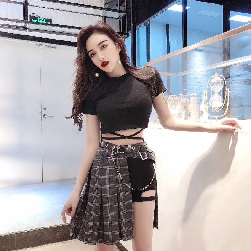 Retro strap black T-shirt Plaid Fold Pleated Skirt pants and belt