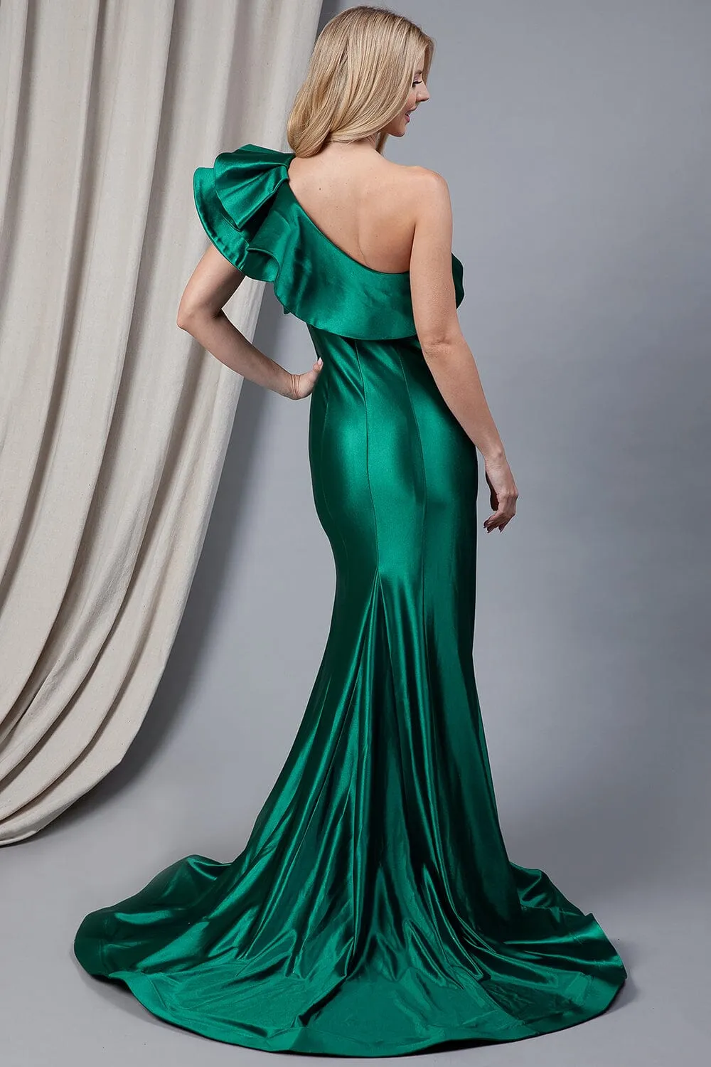 Ruffled One Shoulder Slit Gown by Amelia Couture 5042