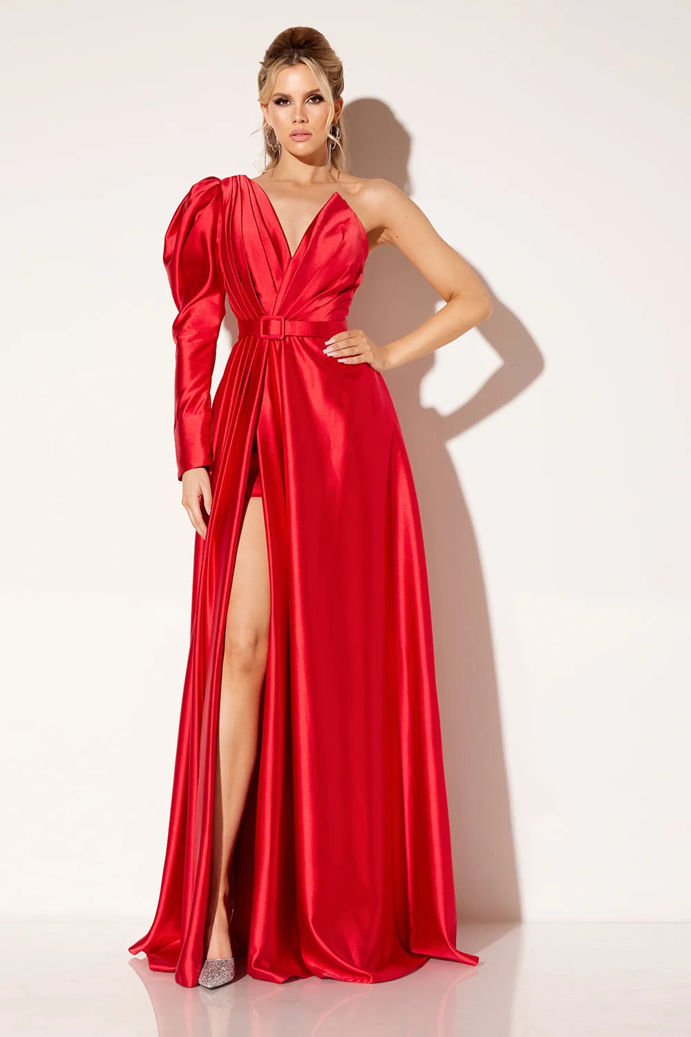 Satin Puff Sleeve A-line Slit Gown by Lucci Lu C8098
