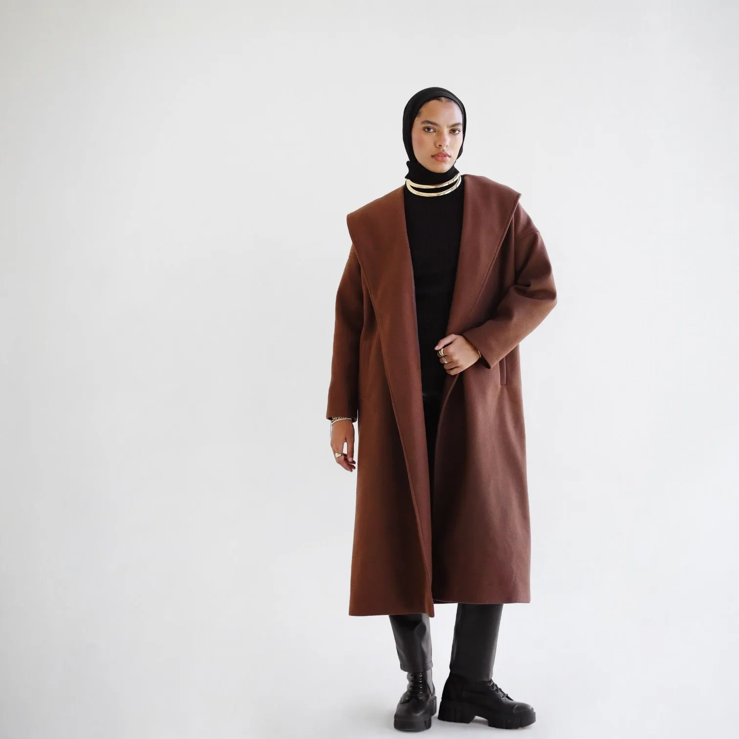 Shawl collar brown coat
