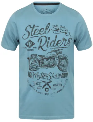 Steel Riders Motif Cotton Crew Neck T-Shirt In Provincial Blue - Tokyo Laundry
