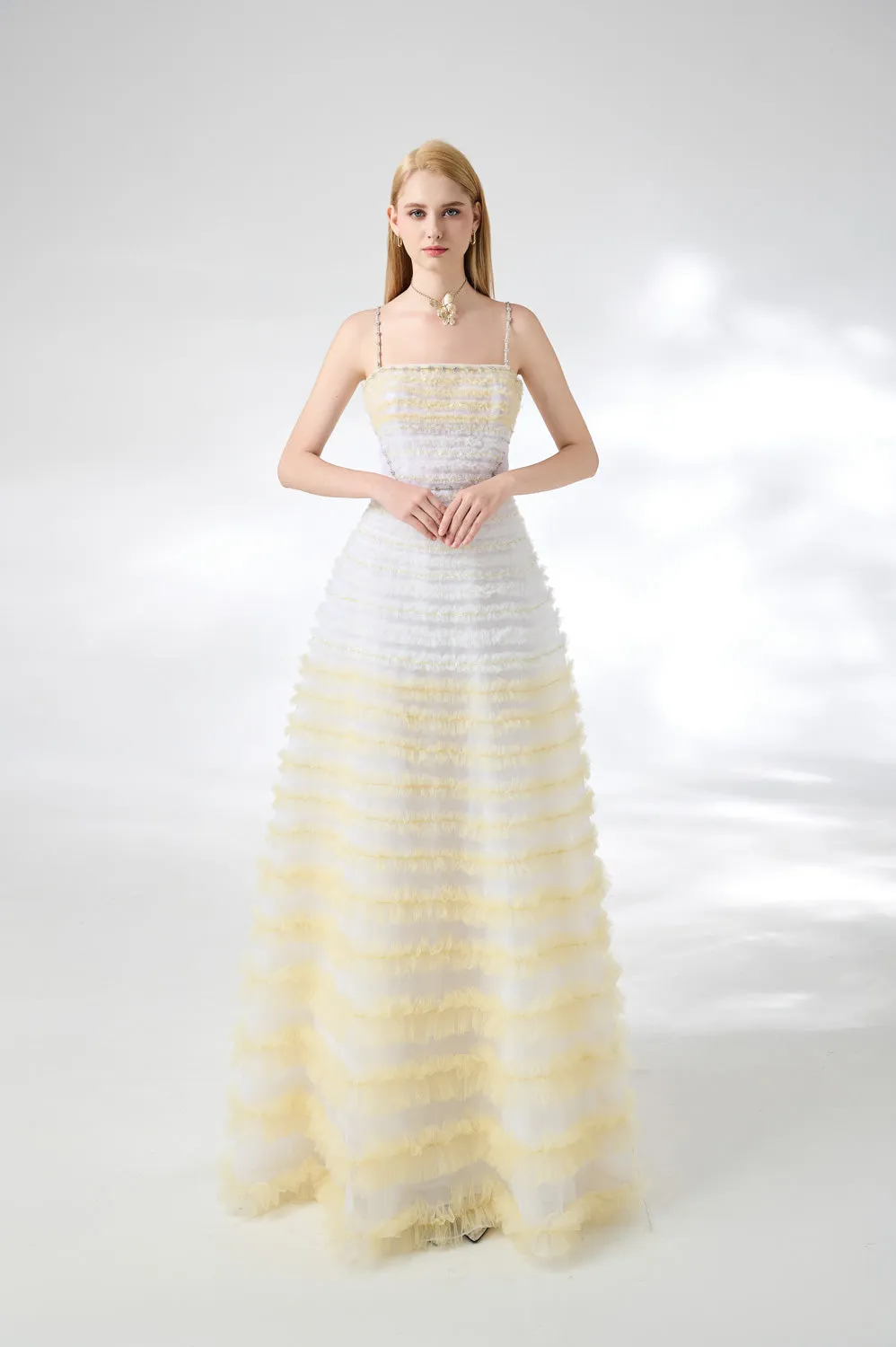 Steele Ball Gown Ruffle Trim Organza Floor Length Dress