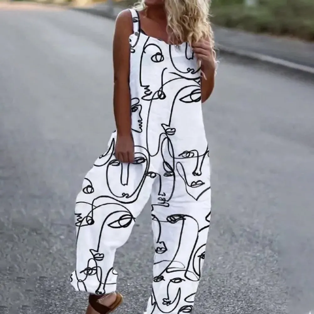 Summer Women Clothing Printed Sleeveless Strap Loose Casual Jumpsuit