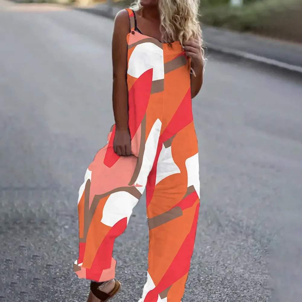 Summer Women Clothing Printed Sleeveless Strap Loose Casual Jumpsuit