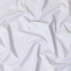 White 100%  cotton shirting fabric with blue dots in self design-D7409