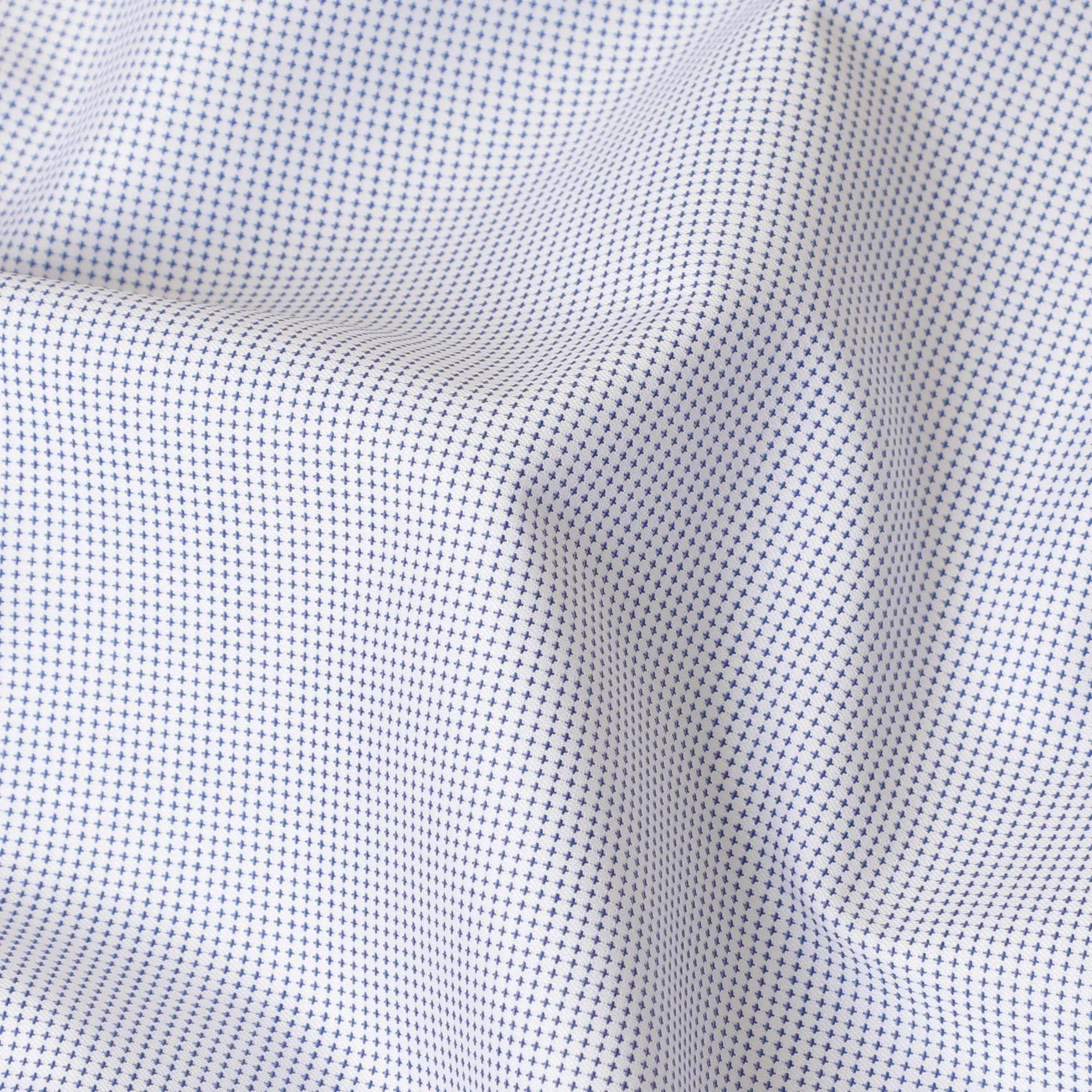 White 100%  cotton shirting fabric with blue dots in self design-D7409