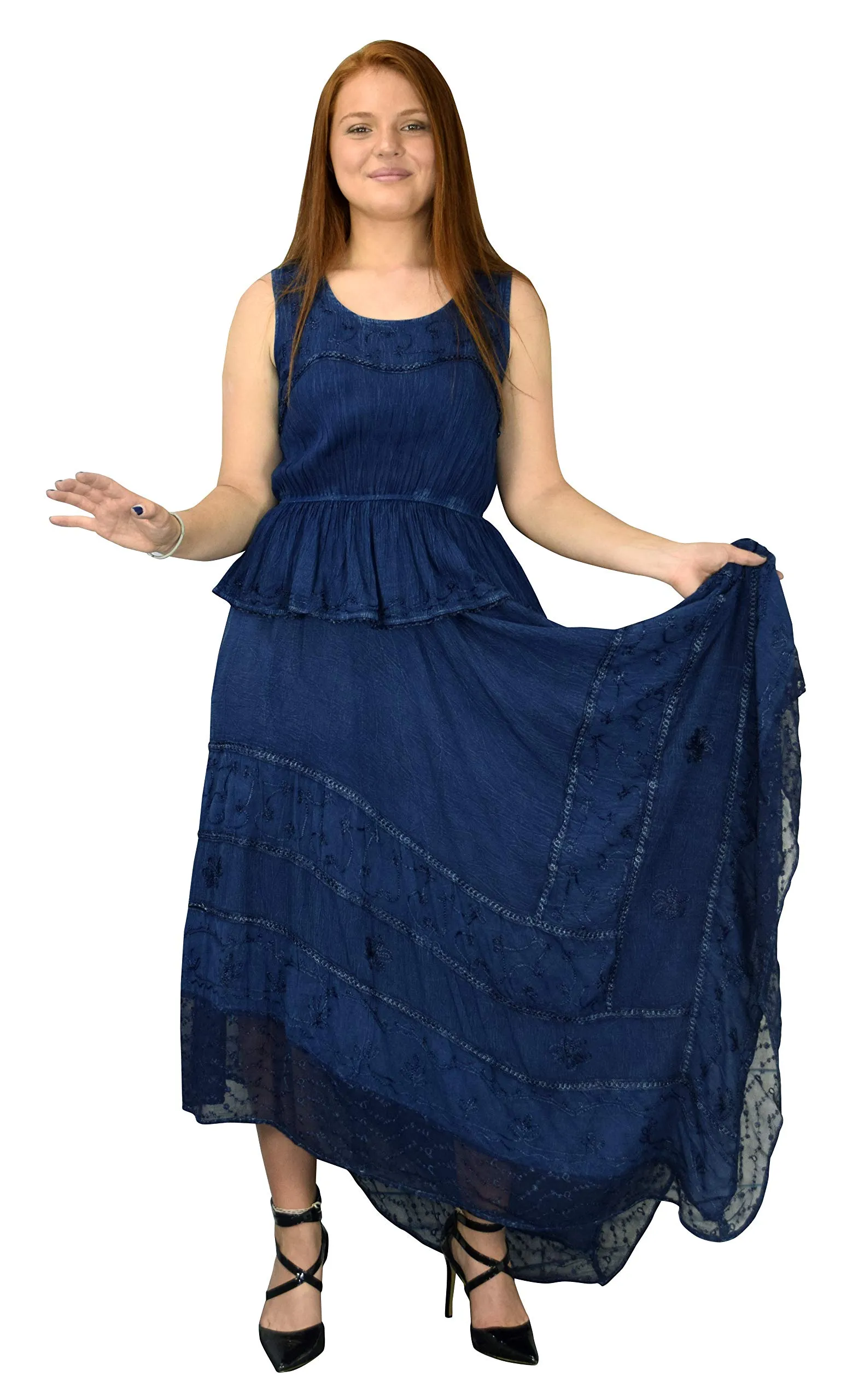 Women Rayon Stonewash Denim Embroidered Floral Handkerchief Gypsy Dress
