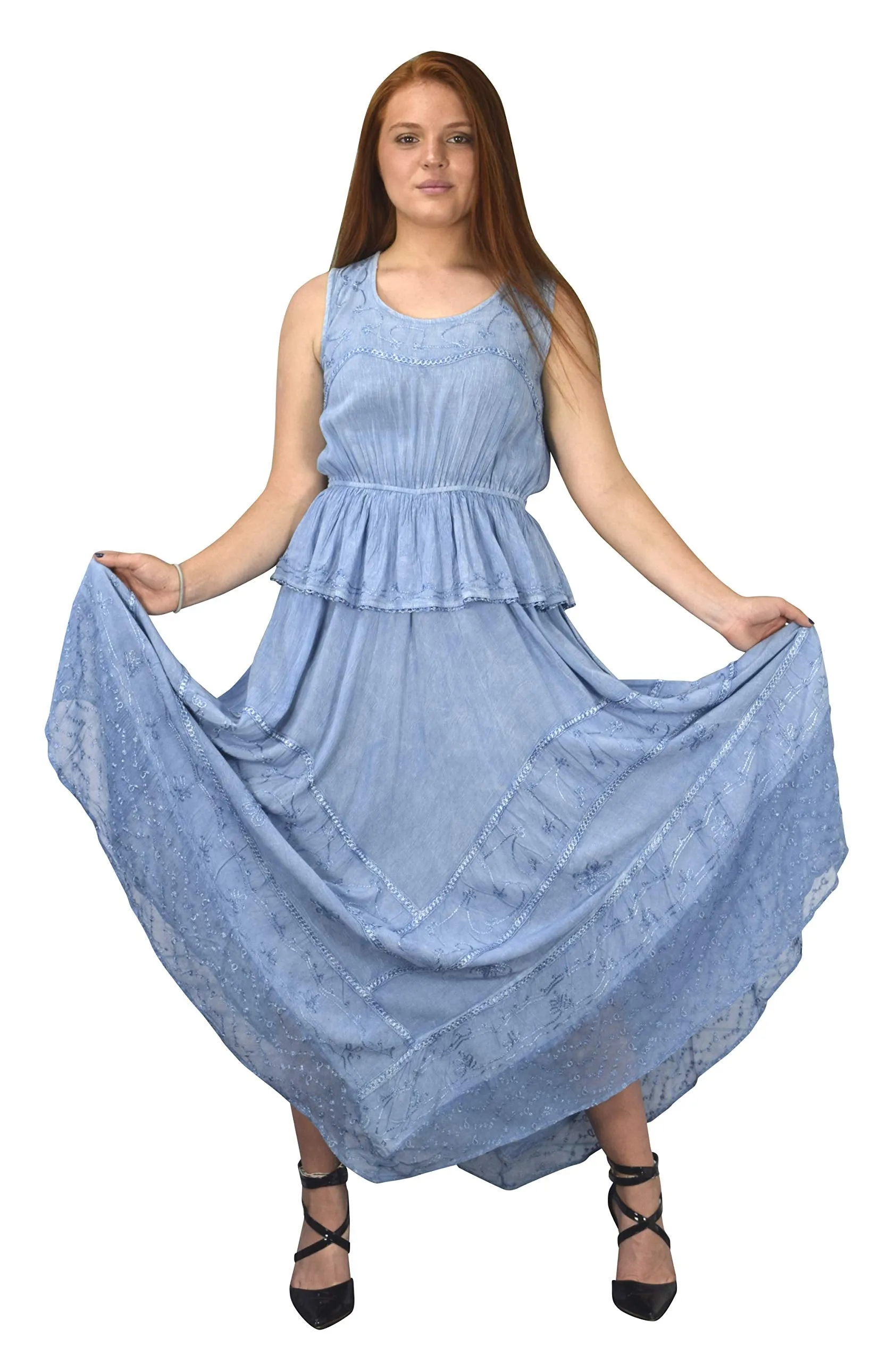 Women Rayon Stonewash Denim Embroidered Floral Handkerchief Gypsy Dress