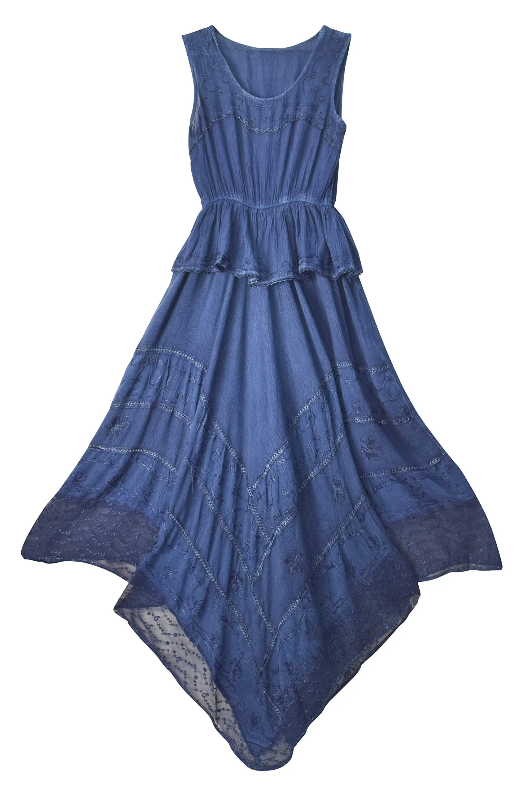 Women Rayon Stonewash Denim Embroidered Floral Handkerchief Gypsy Dress