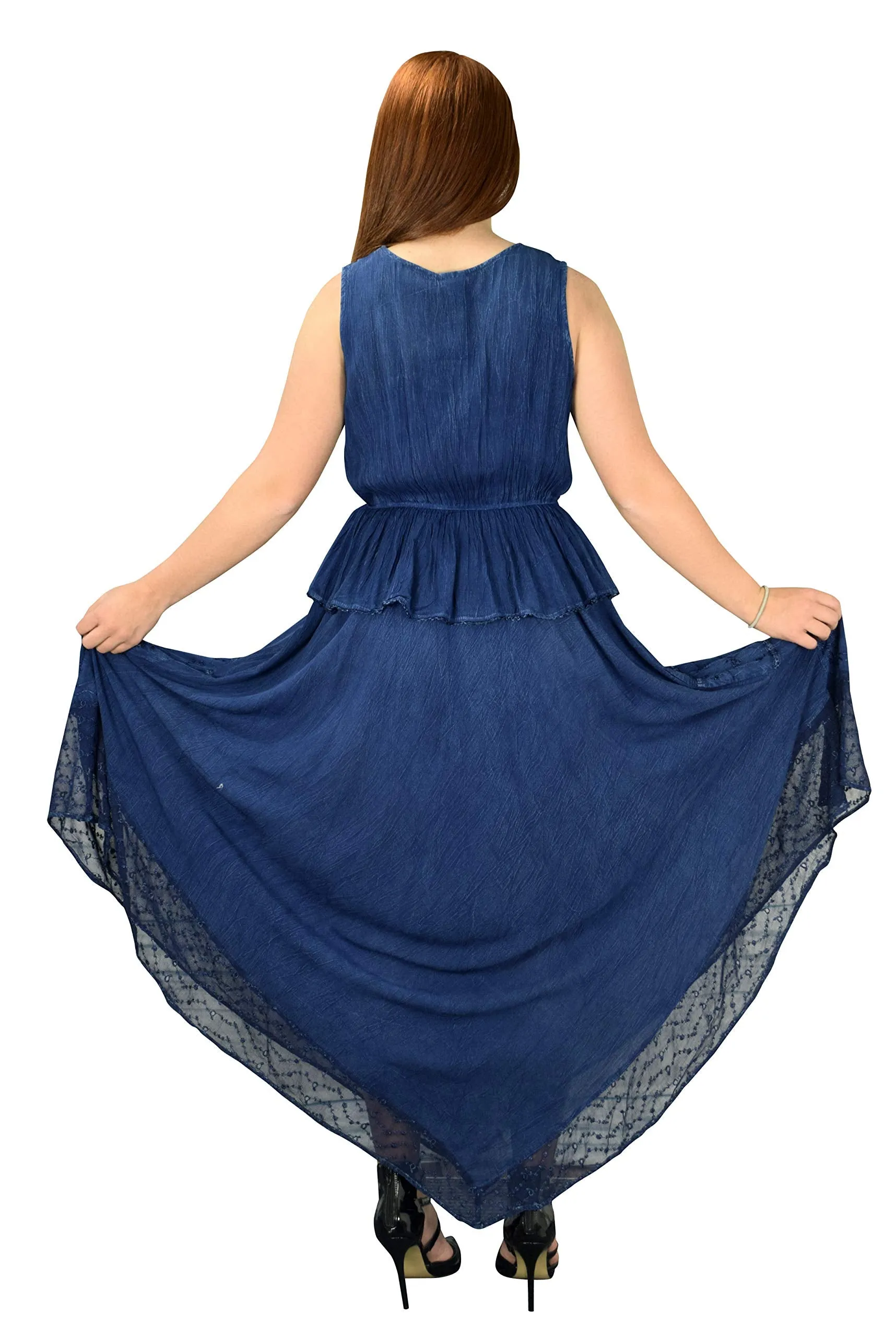 Women Rayon Stonewash Denim Embroidered Floral Handkerchief Gypsy Dress