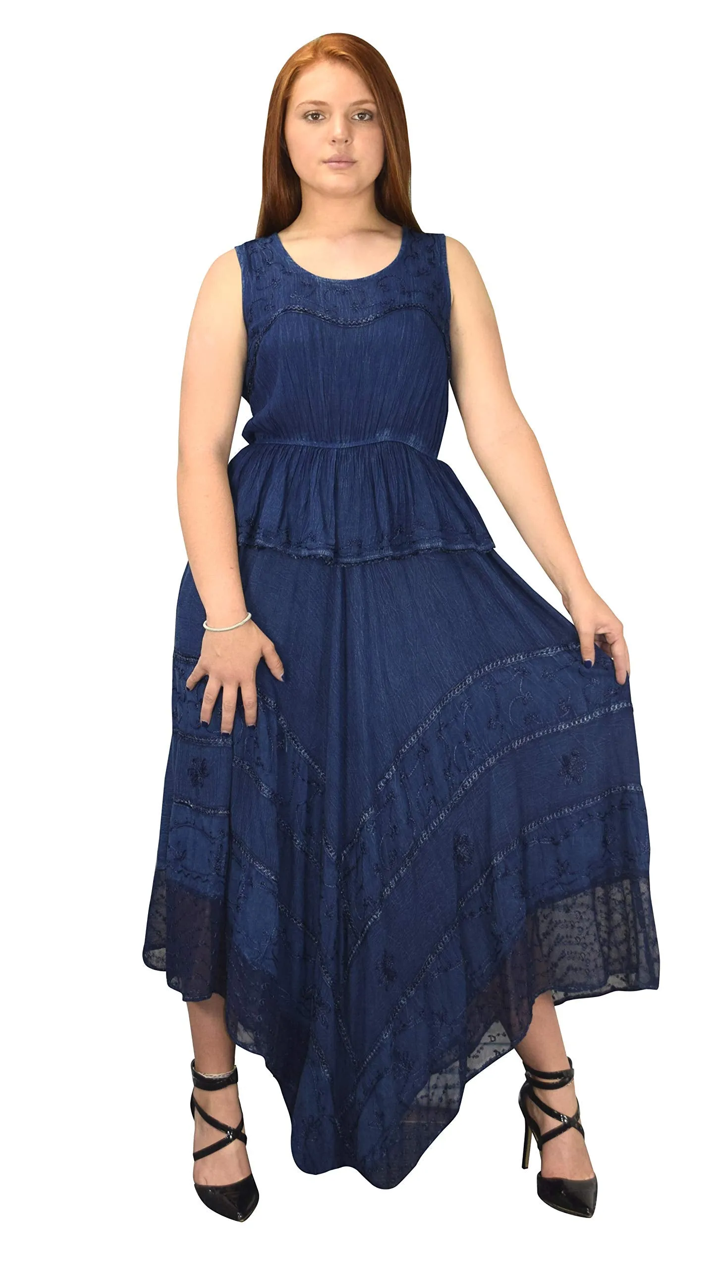 Women Rayon Stonewash Denim Embroidered Floral Handkerchief Gypsy Dress